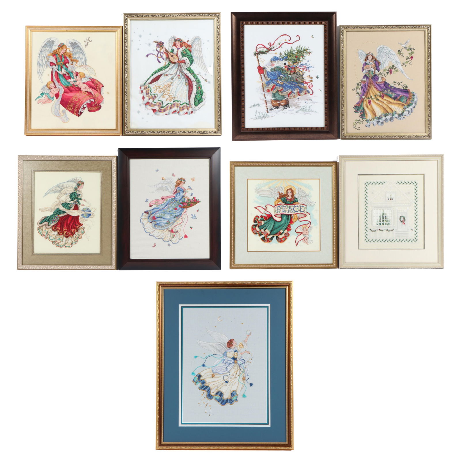 Collection of framed Christmas holiday cross stitch / needlepoints, 9pc: angels, Santa Claus, winter (1 of 19)