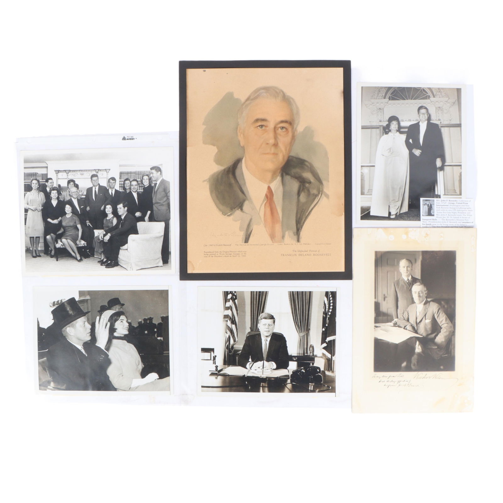 US presidential ephemera, 6pc: John F. Kennedy, Woodrow Wilson, Franklin Delano Roosevelt 13'H x (1 of 6)