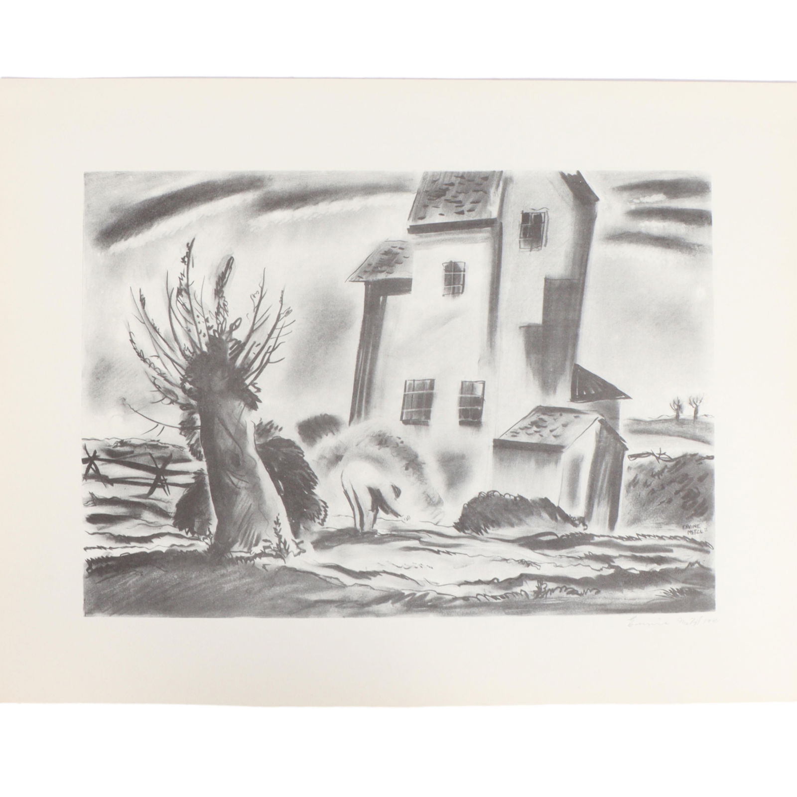 Ervine Metzl, American (1899 - 1963), landscape with house, 1941, lithograph, 18 1/2'H x 24'W: Ervine Metzl American (1899 - 1963) landscape with house, 1941 lithograph Pencil signed and dated lower right. 18 1/2"H x 24"W