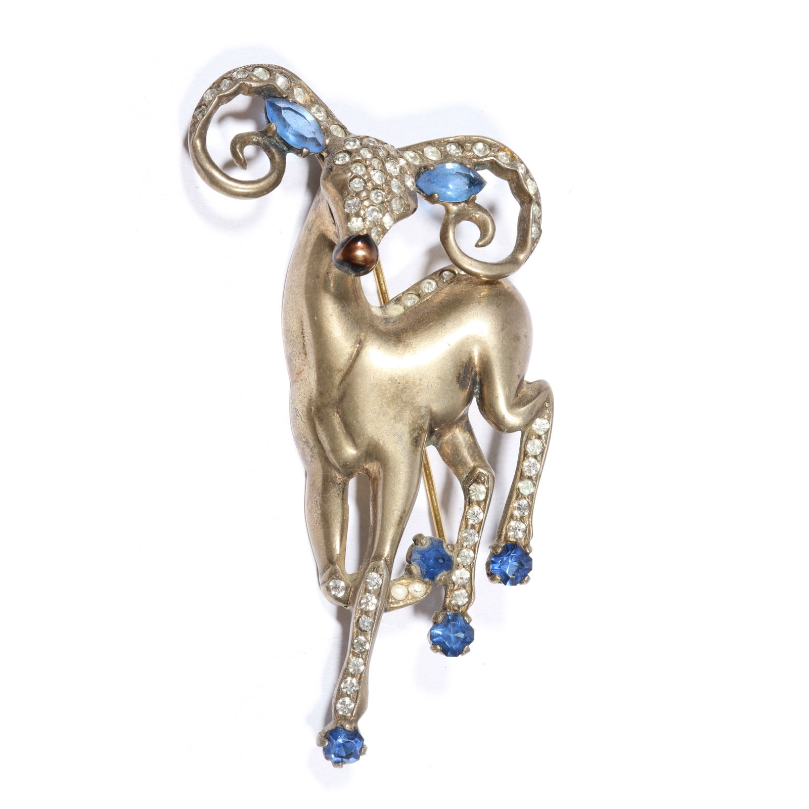 Rare Eisenberg Original 1940's retro sterling vermeil Big Horn Ram brooch decorated with blue (1 of 7)