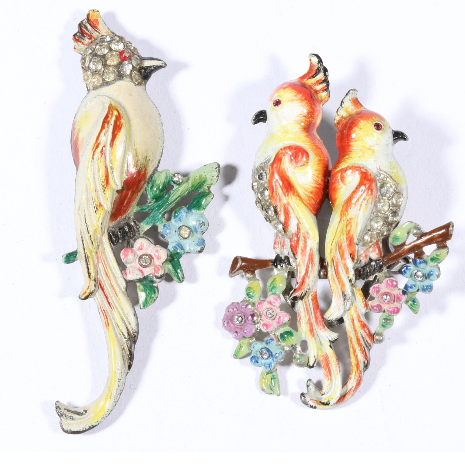 Coro Duette bird of paradise fur clips with large unsigned Coro bird of paradise fur clip. 3 1/8'H x: Coro Duette bird of paradise fur clips with large unsigned Coro bird of paradise fur clip. 3 1/8"H x 1 1/4"W (largest fur clip)Provenance: Inga Levin at Queensantiques LL collection