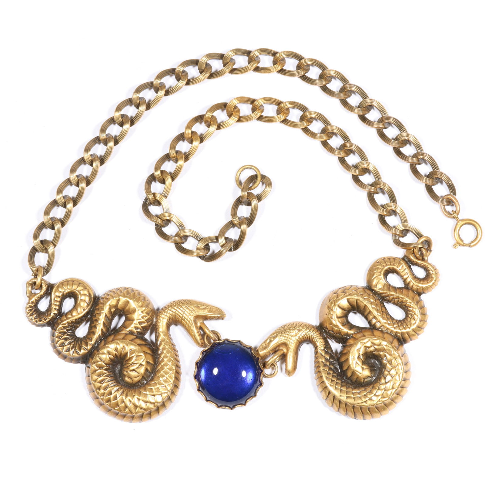 Joseff of Hollywood Art Deco Retro double snake motif necklace with cobalt glass cabochon. 19 1/2'L: Joseff of Hollywood Art Deco Retro double snake motif necklace with cobalt glass cabochon. 19 1/2"L x 1 1/2"WProvenance: Inga Levin at Queensantiques LL collection