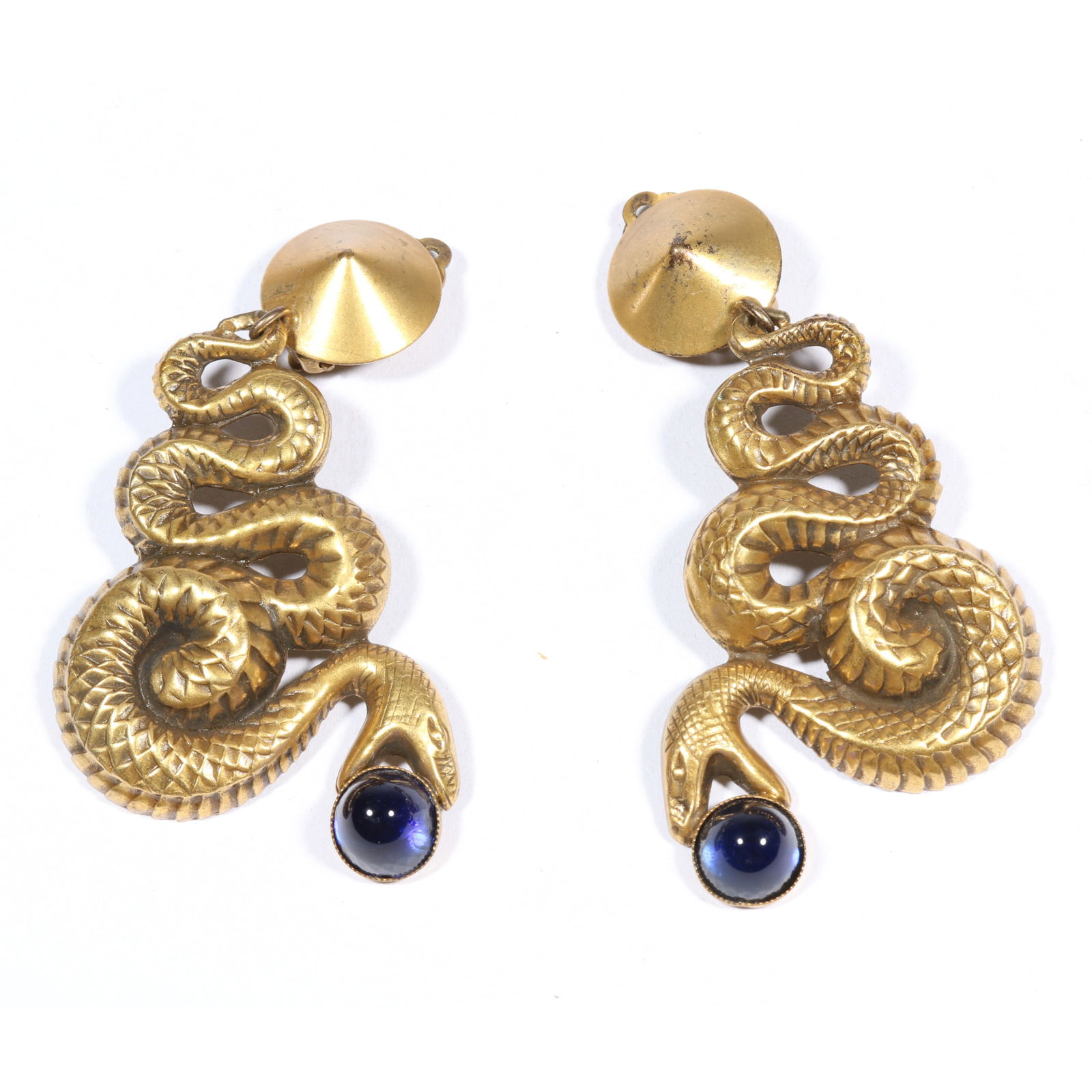 Joseff of Hollywood Art Deco Retro style large snake motif earrings with cobalt blue cabochon (1 of 9)