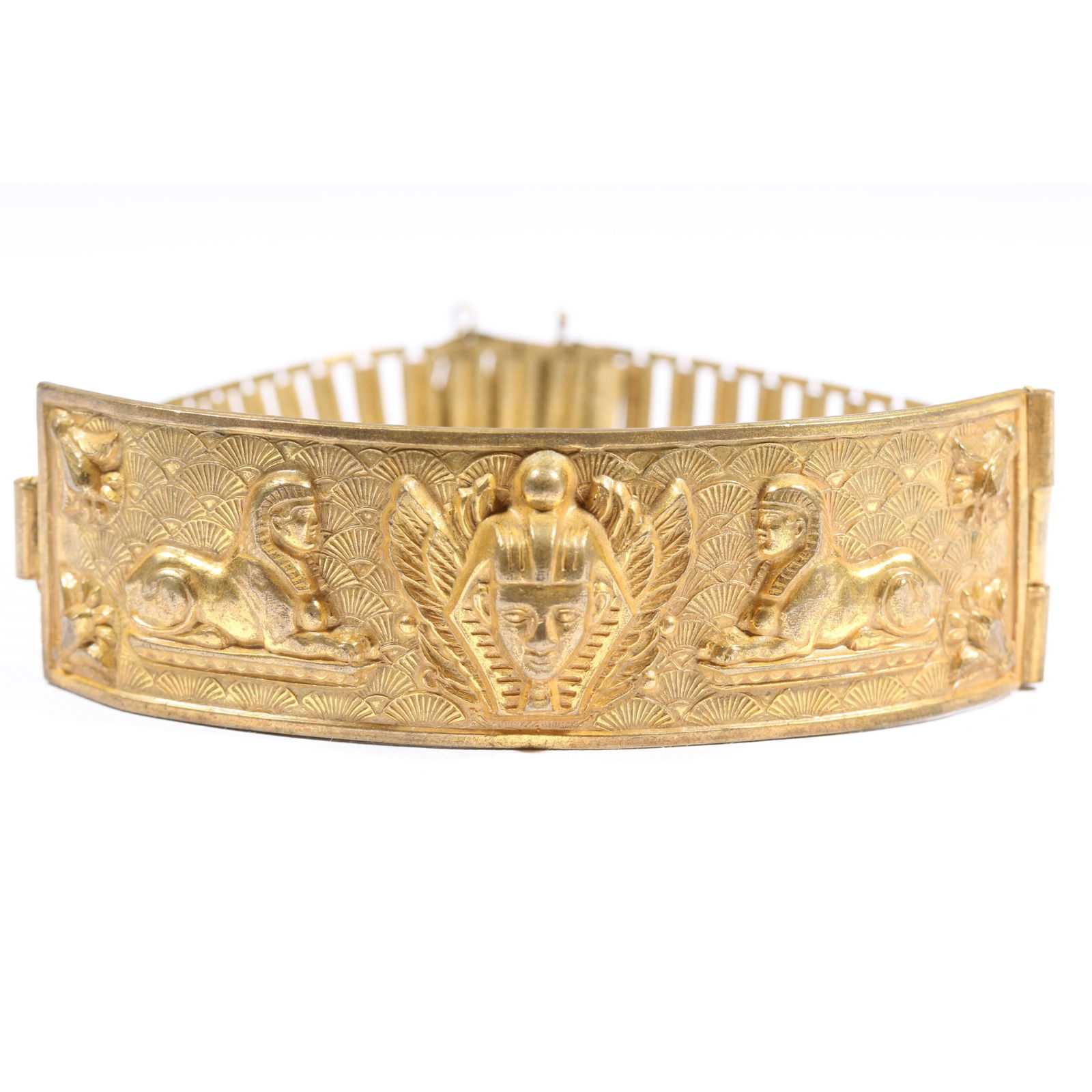 Miriam Haskell Egyptian revival motif gilt repousse winged pharaoh and sphinx panel choker necklace: Miriam Haskell Egyptian revival motif gilt repousse winged pharaoh and sphinx panel choker necklace on book chain. Missing Clasp. 13 1/2"L x 1"WProvenance: Inga Levin at Queensantiques LL collection