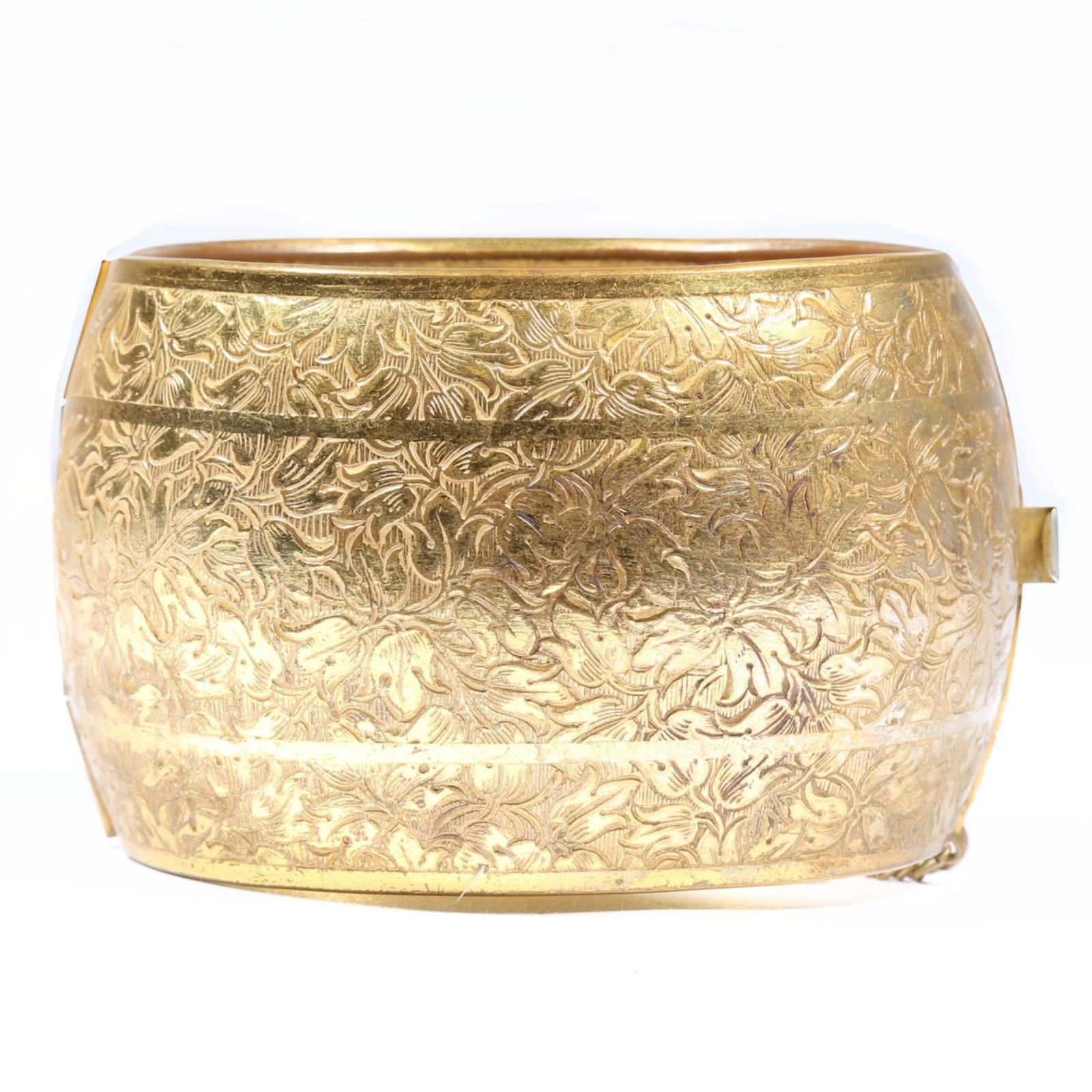 HUGE Miriam Haskell gilt engraved hinged bangle bracelet. 2'H x 2 3/8'Inner Diameter (1 of 7)