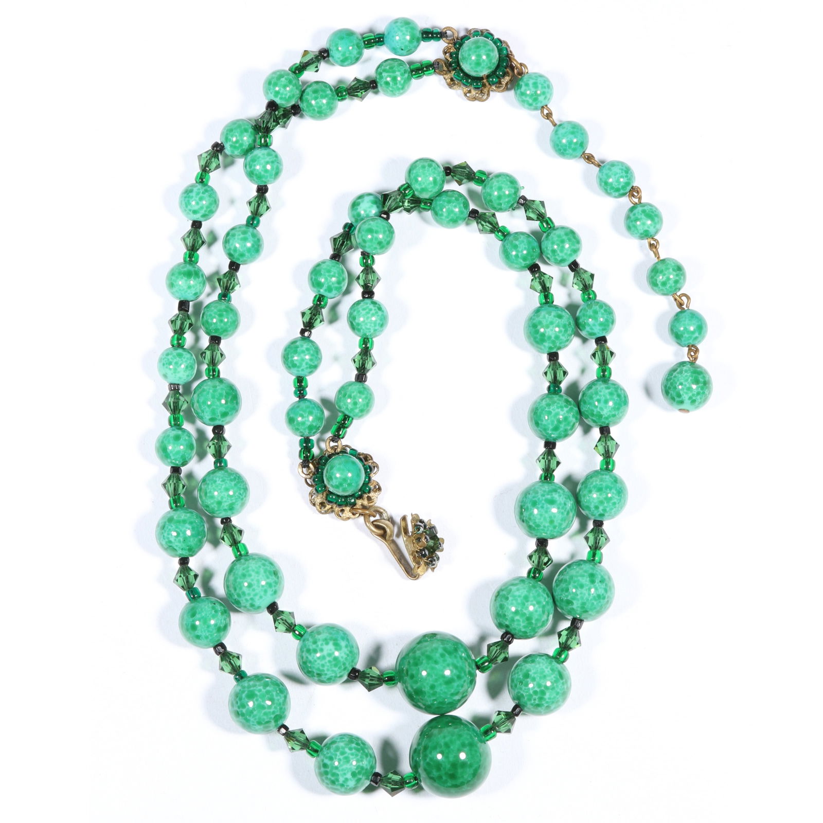 Miriam Haskell double strand Peking glass and crystal beaded necklace. 19'L x 1 1/2'W: Miriam Haskell double strand Peking glass and crystal beaded necklace. 19"L x 1 1/2"W