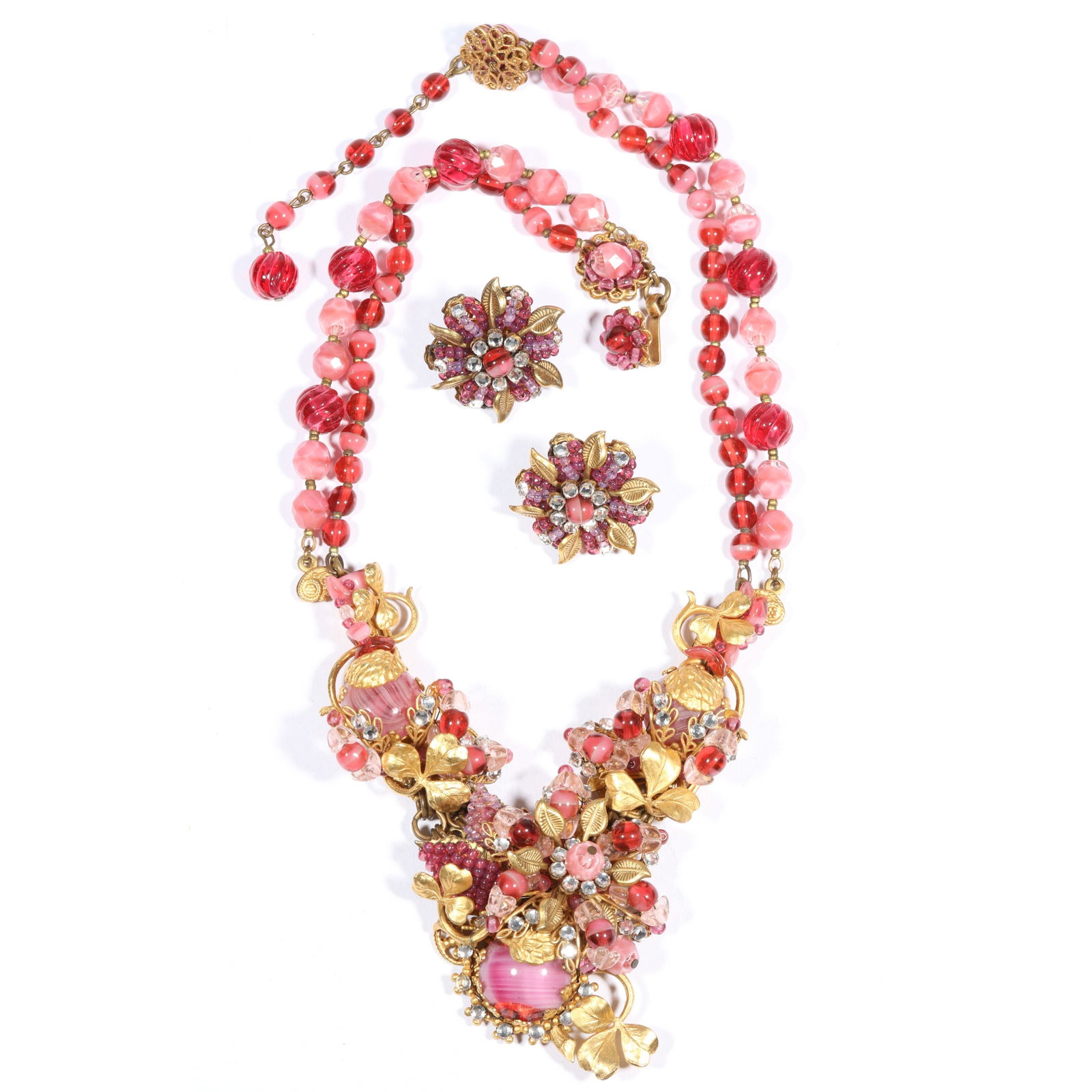 Miriam Haskell ornate pink art glass necklace with intricate beadwork, gilt clover accents, and (1 of 13)
