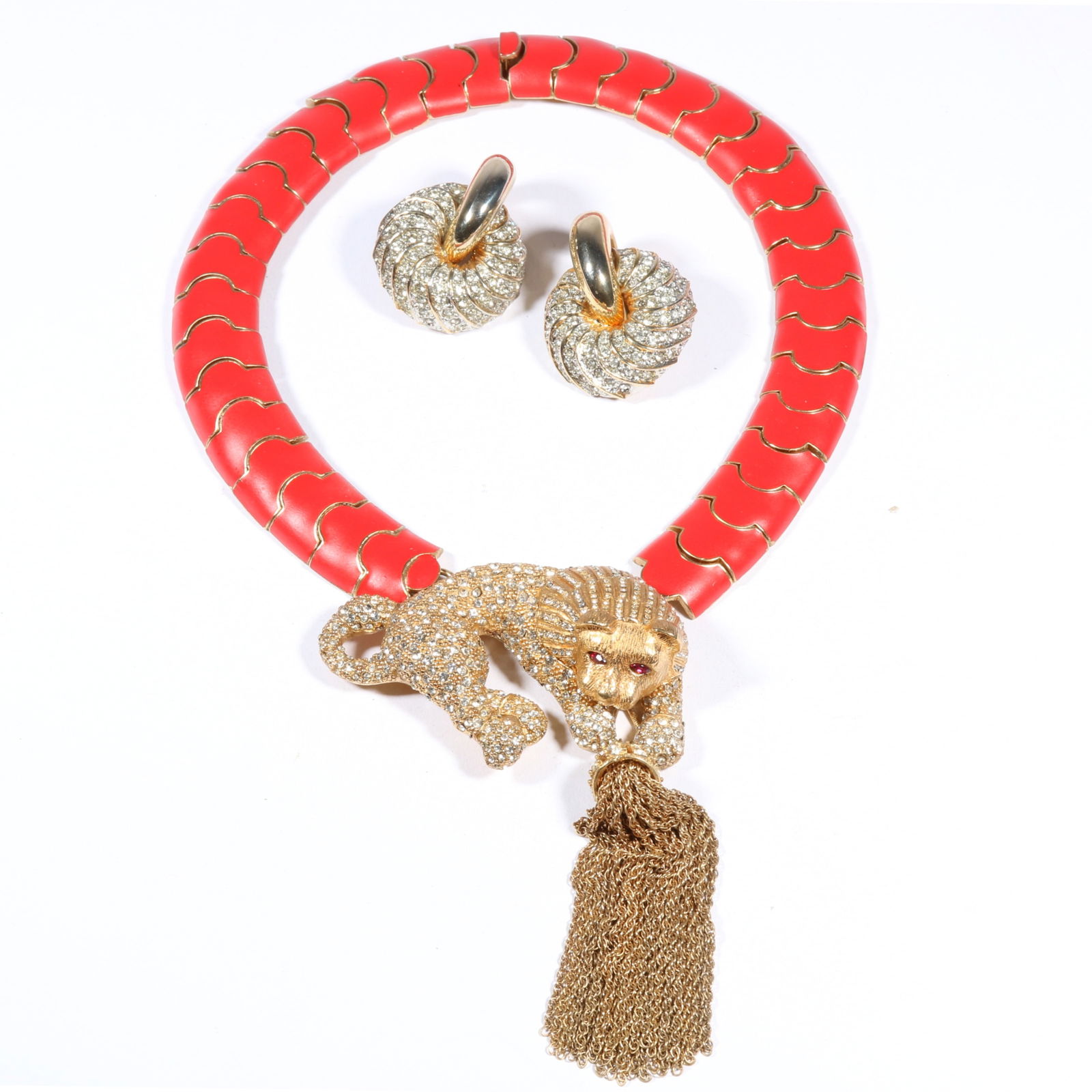 Ciner red matte enamel necklace with rhinestone crystal lion pendant and tassels with Valentino (1 of 12)