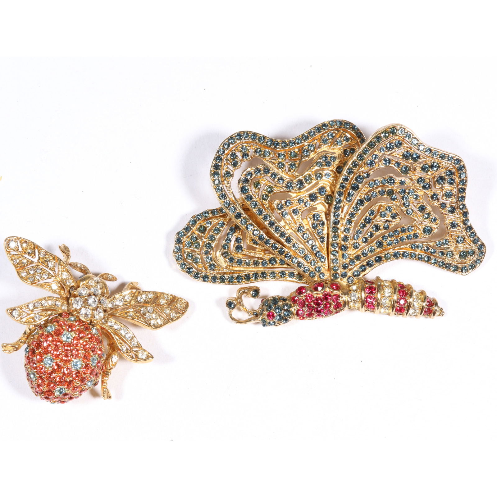 Pair of Ciner rhinestone crystal bug brooches with bee and butterfly. 2 3/4'H x 1 7/8'W (largest) (1 of 7)