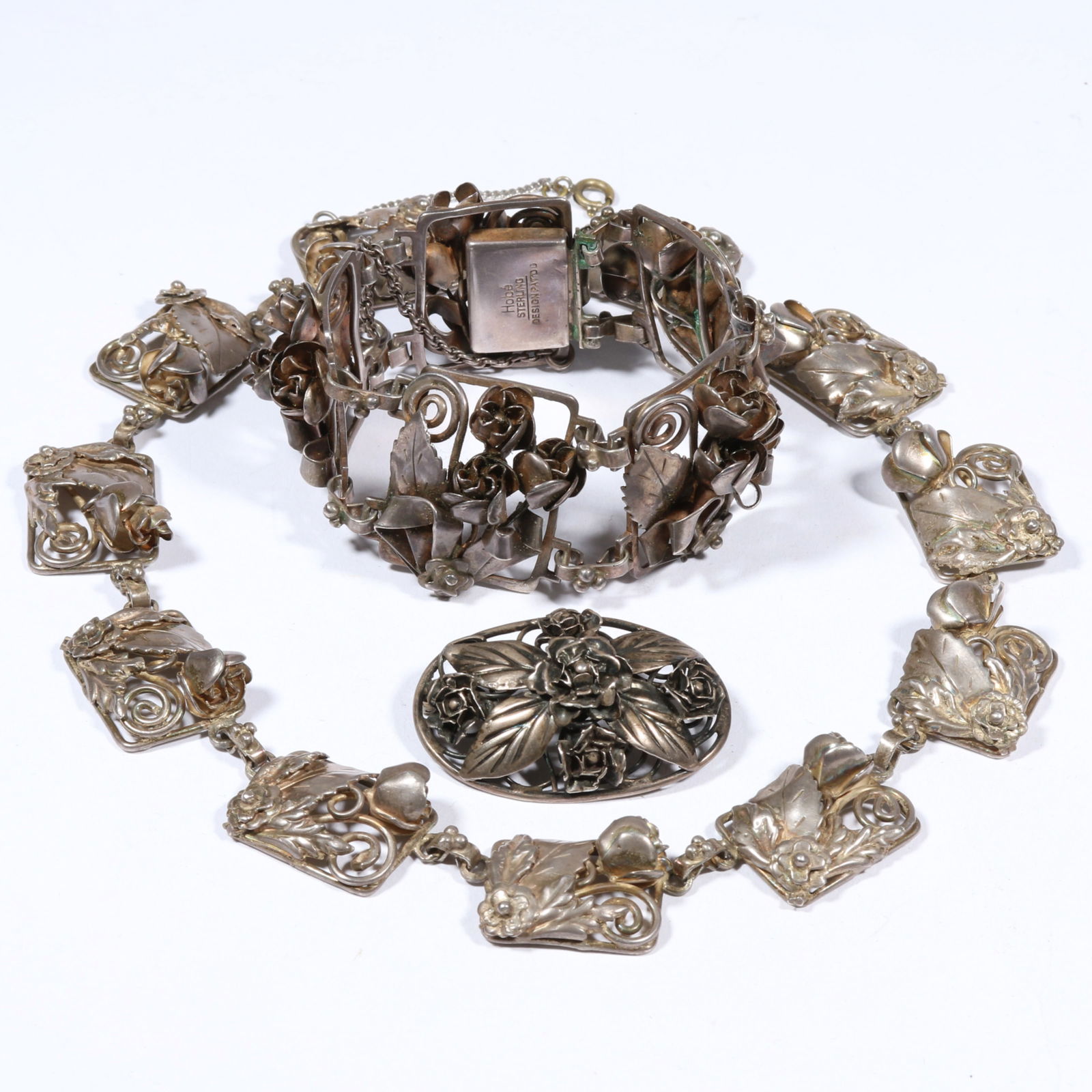 1940's Hobe sterling silver floral motif matching set with unsigned necklace, signed book piece (1 of 15)