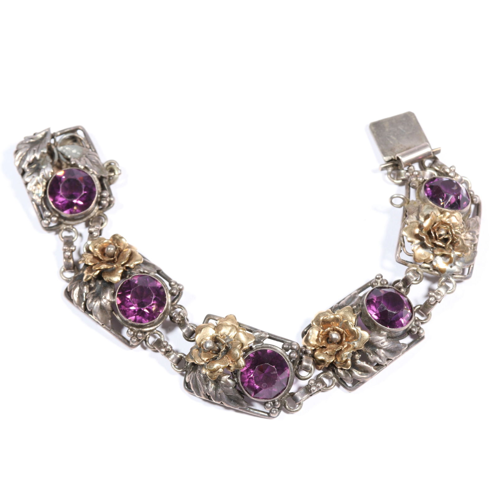 Vintage Hobe sterling silver floral panel bracelet with bold purple crystals and vermeil accents. (1 of 9)