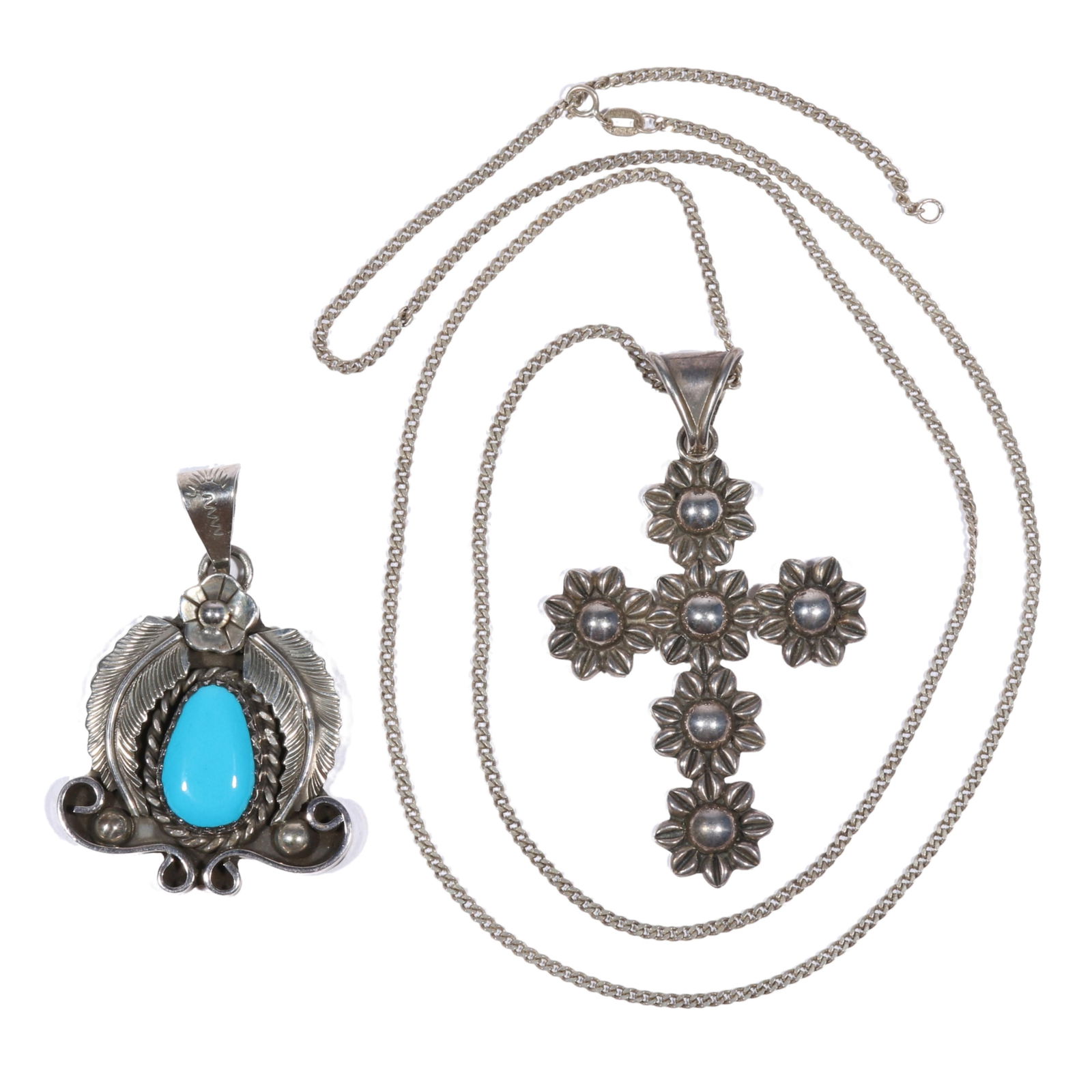Mexican sterling silver turquoise pendant with large Mexican sterling flower cross pendant necklace. (1 of 14)