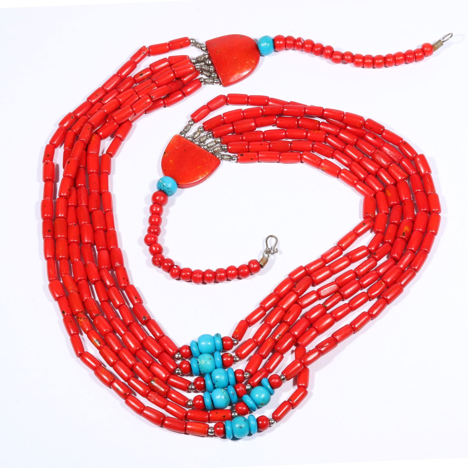 Large Native American? red and dyed blue coral multi strand necklace. 30 3/4'L x 5 3/4'W (1 of 12)