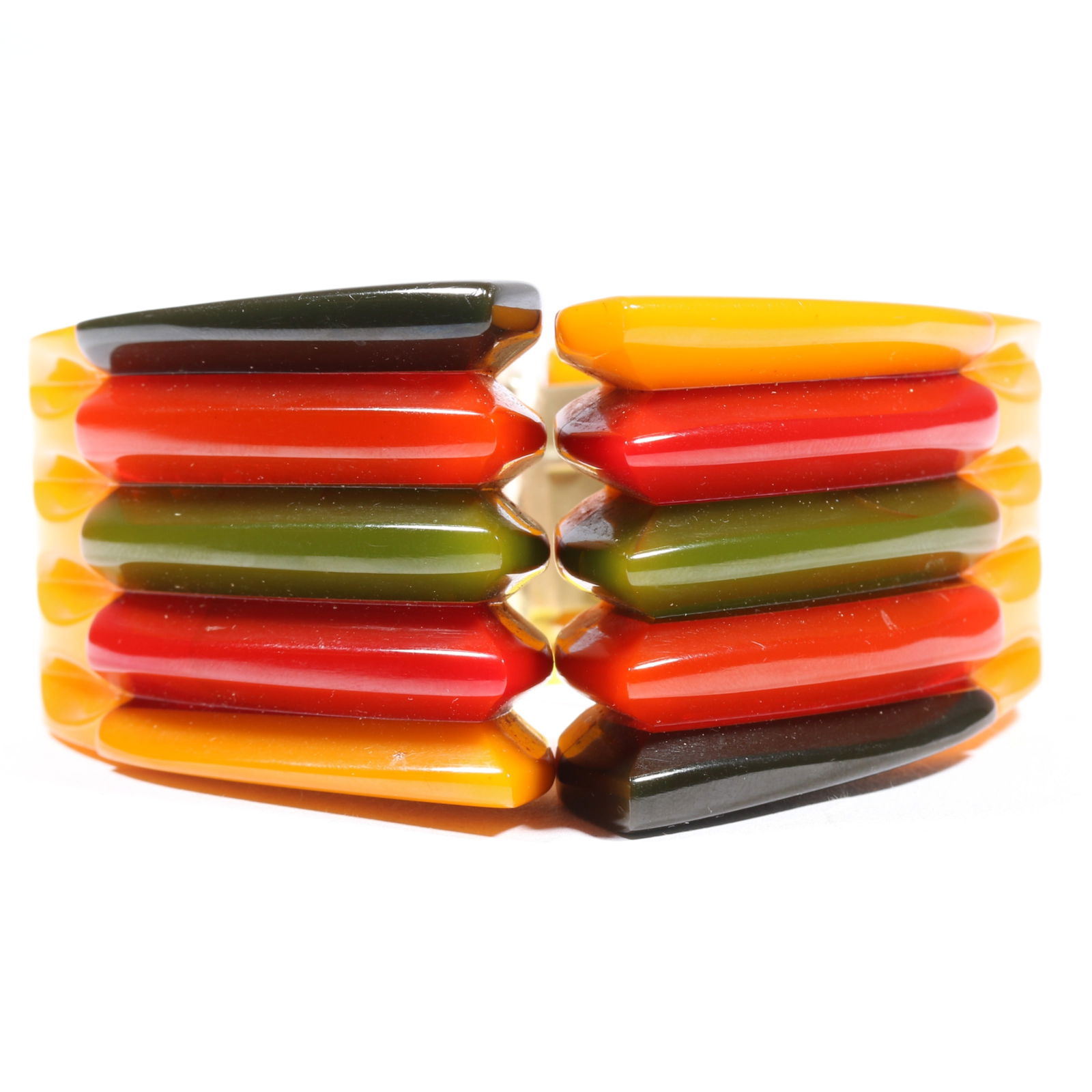 Philadelphia bracelet with 5-layer polychrome Bakelite fins on butterscotch clamper cuff. 1 1/2'H x (1 of 14)