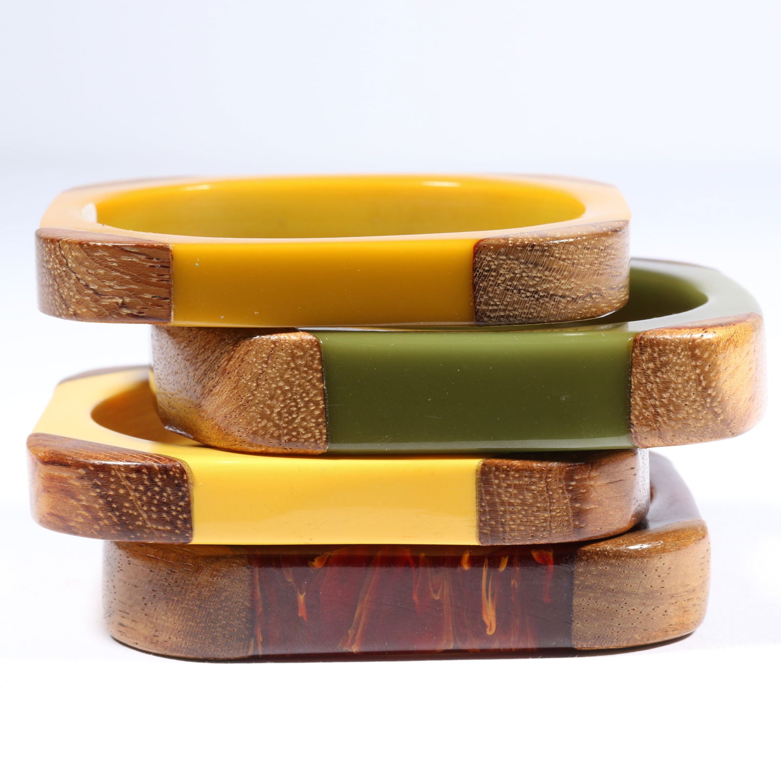 Vintage Bakelite and wooden corner square bangle bracelet 4pc stack with opaque and translucent (1 of 12)