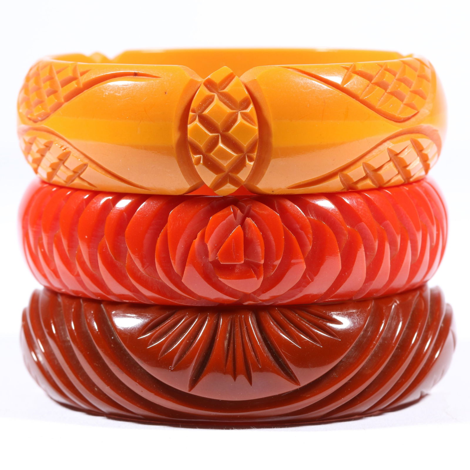 Vintage deeply carved Bakelite bangle bracelet stack in bright autumnal colors 7/8'H x 2 3/8'Inner (1 of 10)