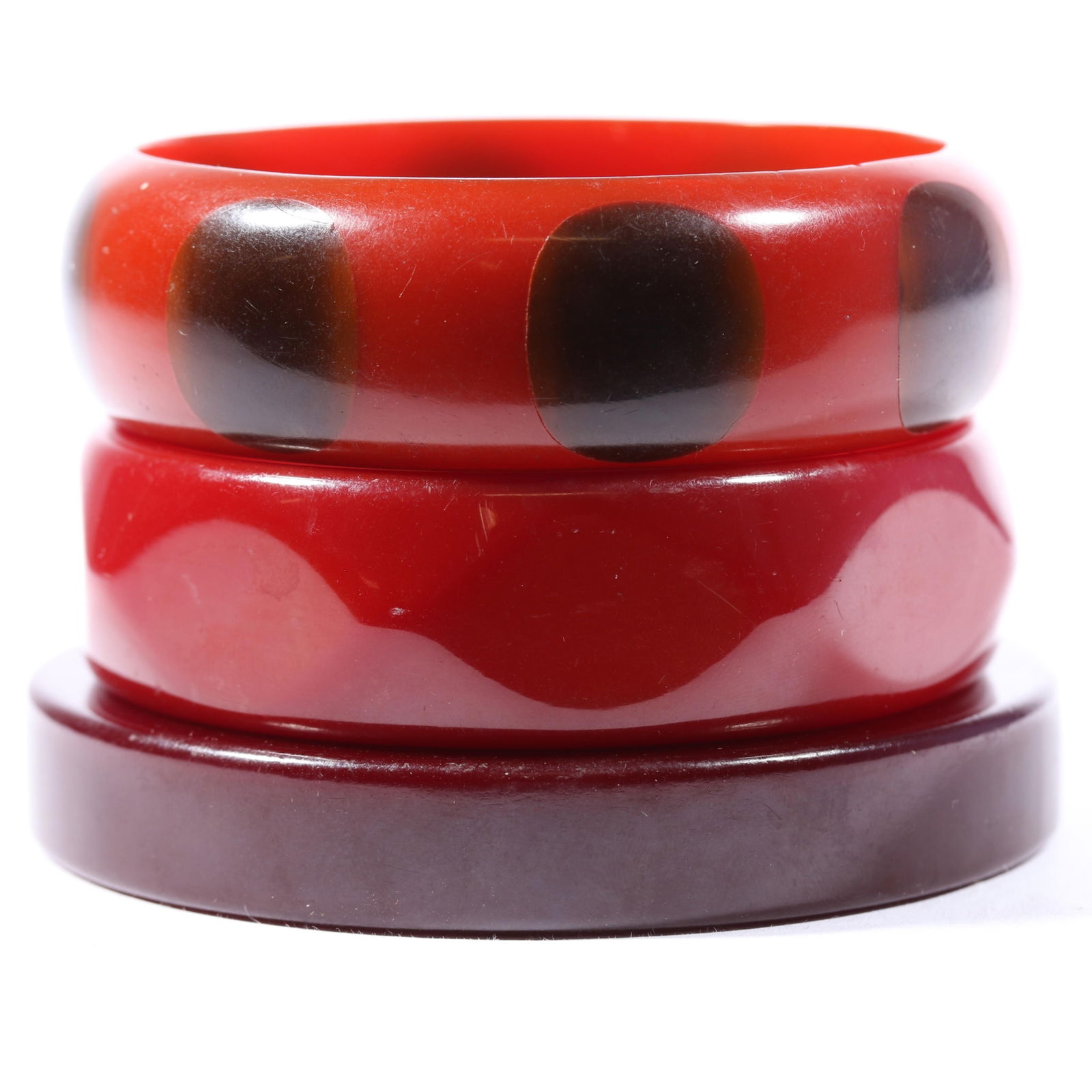 Vintage Bakelite bangle bracelet stack including vermillion polka dot inlay bangle, faceted cherry (1 of 5)
