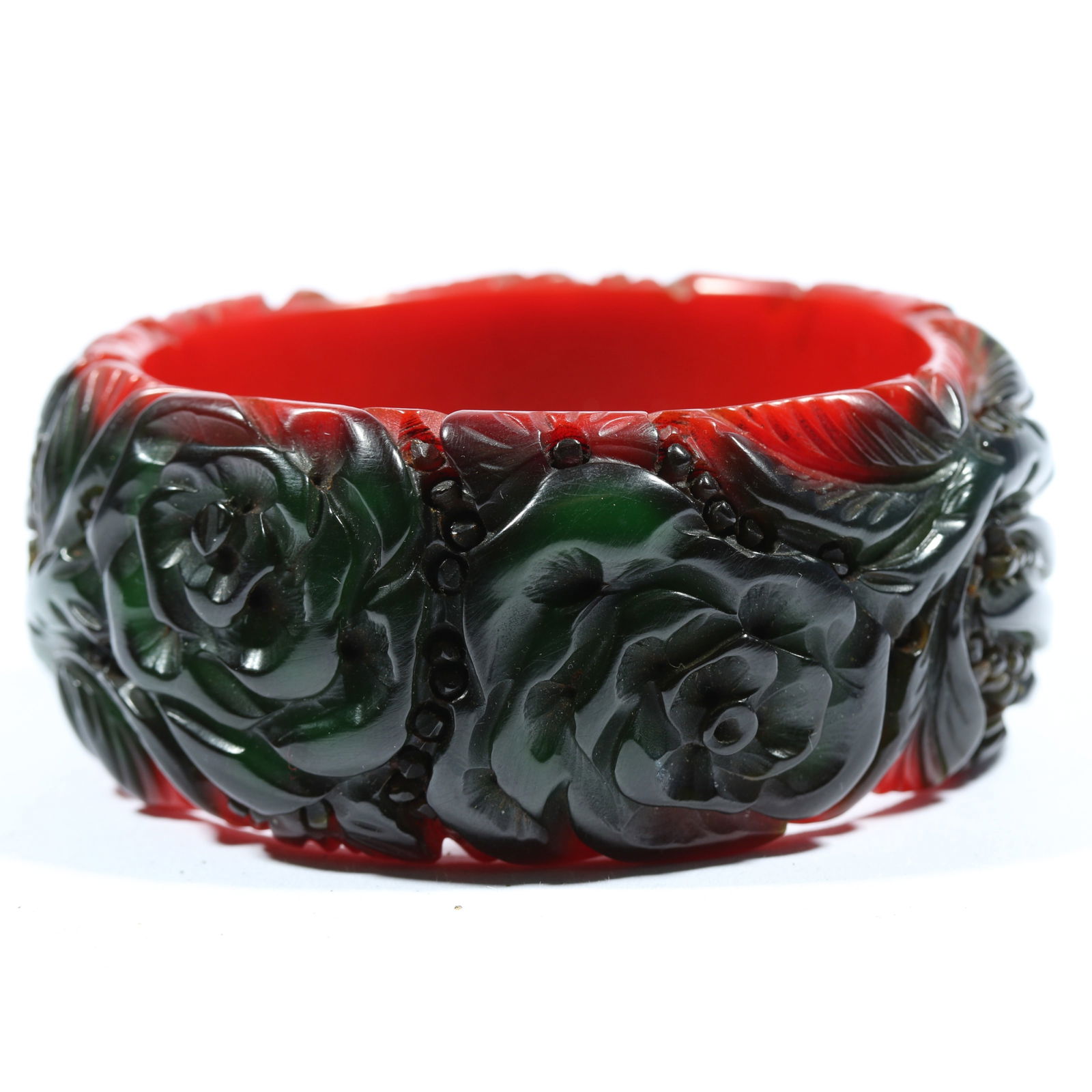 Bakelite two tone cast carved cherry red and green bangle bracelet depicting hands holding a bouquet (1 of 10)