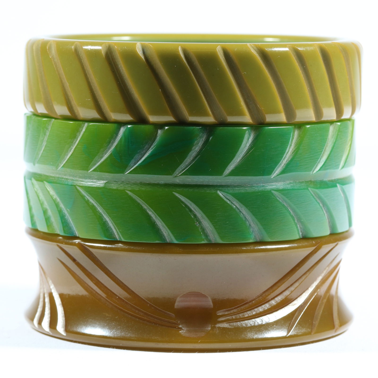 Vintage green deeply carved Bakelite bangle bracelets. 1'H x 2 3/8'W (bright green bracelet) (1 of 6)