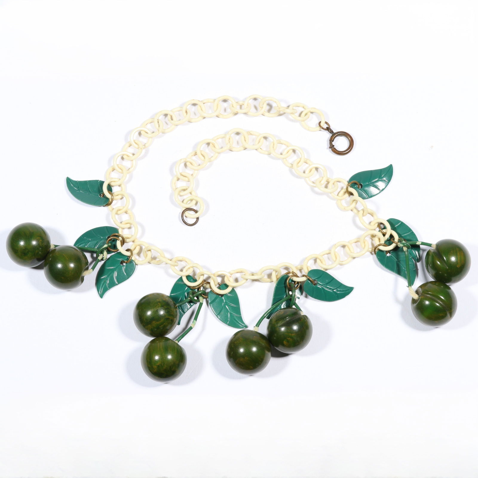 Vintage green marbled Bakelite cherry necklace on white celluloid chain. 18 1/4'L x 2 3/8'Drop (1 of 5)