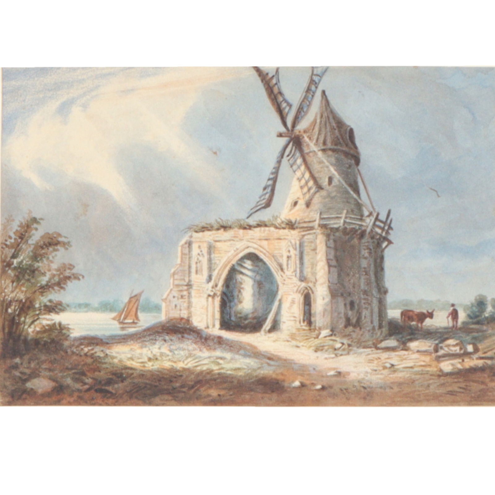 St. Benet's Abbey, Norfolk landscape watercolor painting 5 3/4"H x 8 1/2"W(sight), 9 1/4"H x 11 (1 of 7)