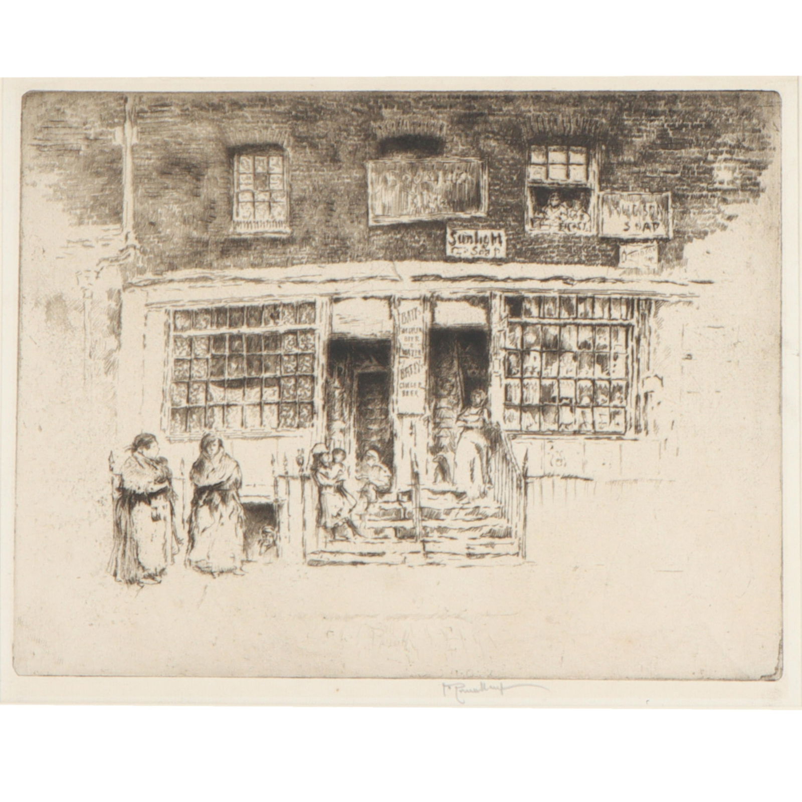 Joseph Pennell, American (1857 - 1926), Sunlight Soap, etching, 10"H x 13 1/2"W(paper), 14 1/4"H x: Joseph Pennell American (1857 - 1926) Sunlight Soap etching Pencil signed lower right. Biography from the Archives of askART: Born in Philadelphia, Pennsylvania, Joseph Pennell became best known for h