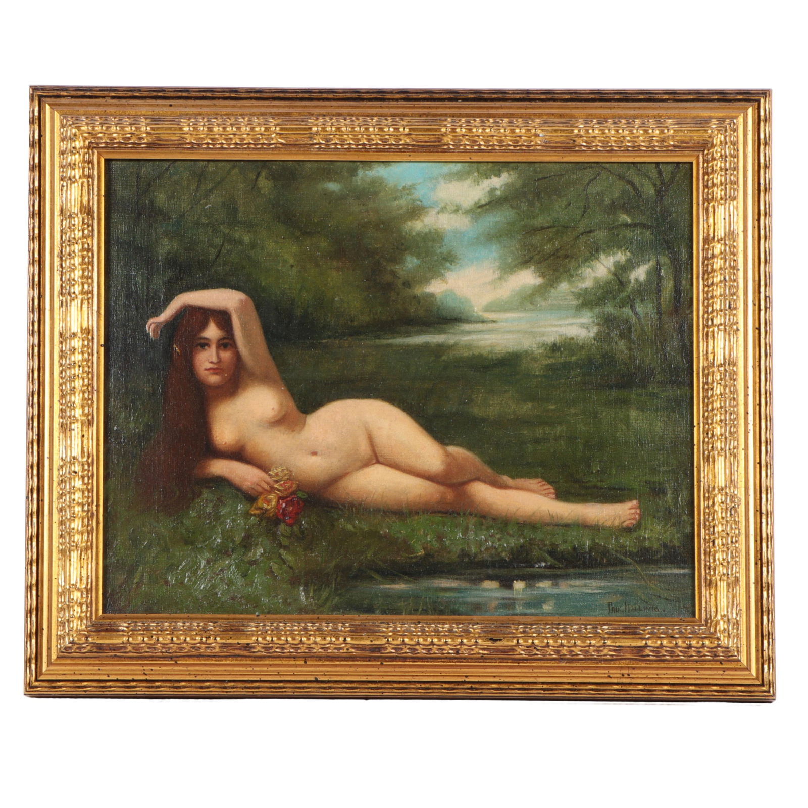 Paul Hallwig, American (1865 - 1925), reclined female nude in wooded landscape, oil on canvas, 12"H: Paul Hallwig American (1865 - 1925) reclined female nude in wooded landscape oil on canvas Signed lower right. Biography from Morphy Auctions Paul Hallwig was born in 1865 and raised in Baltimore. Pau