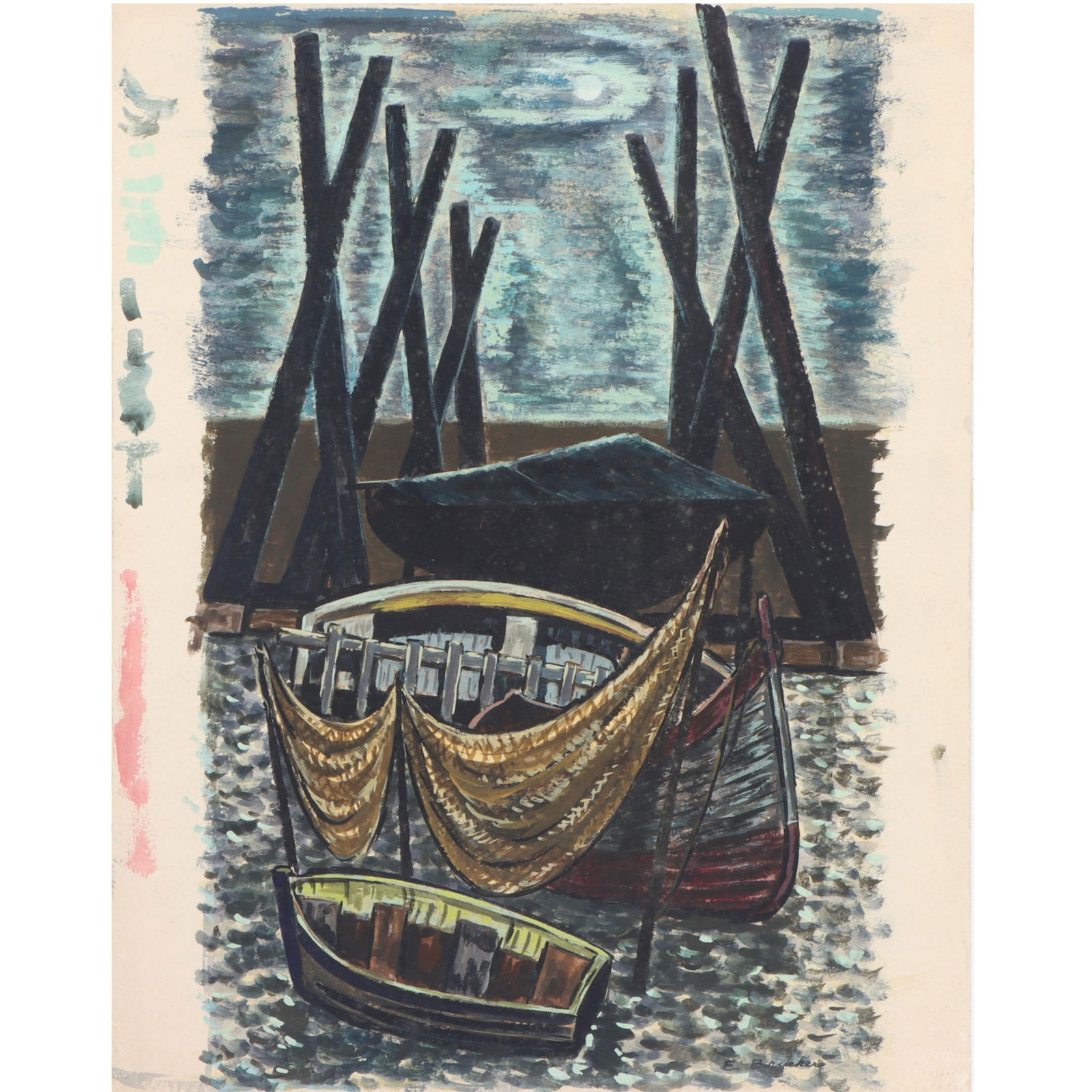 Edmund Brucker, Indiana/Ohio (1912-1999), moored boats, mixed media on paper, 23 3/4"H x 18 3/4"W: Edmund Brucker Indiana/Ohio (1912-1999) moored boats mixed media on paper signed lower right. Biography from the Archives of askART: Edmund Brucker was active as a portrait painter in Indianapolis fro