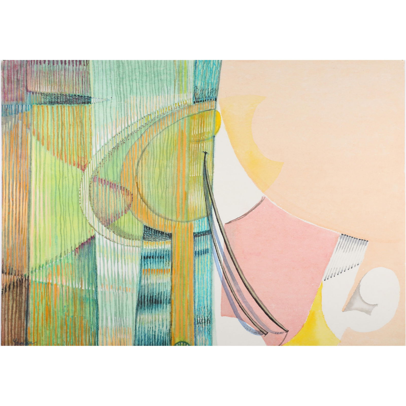 Robert Lohman, Indiana (1919-2001), abstract, 1973, watercolor on paper, 22 1/4"H X 30 1/4?W (sheet): Robert Lohman Indiana (1919-2001) abstract, 1973 watercolor on paper Signed and dated lower left. Loose and unframed. Lohman studied at John Herron Art Institute, and Cranbrook and Yale for graduate w