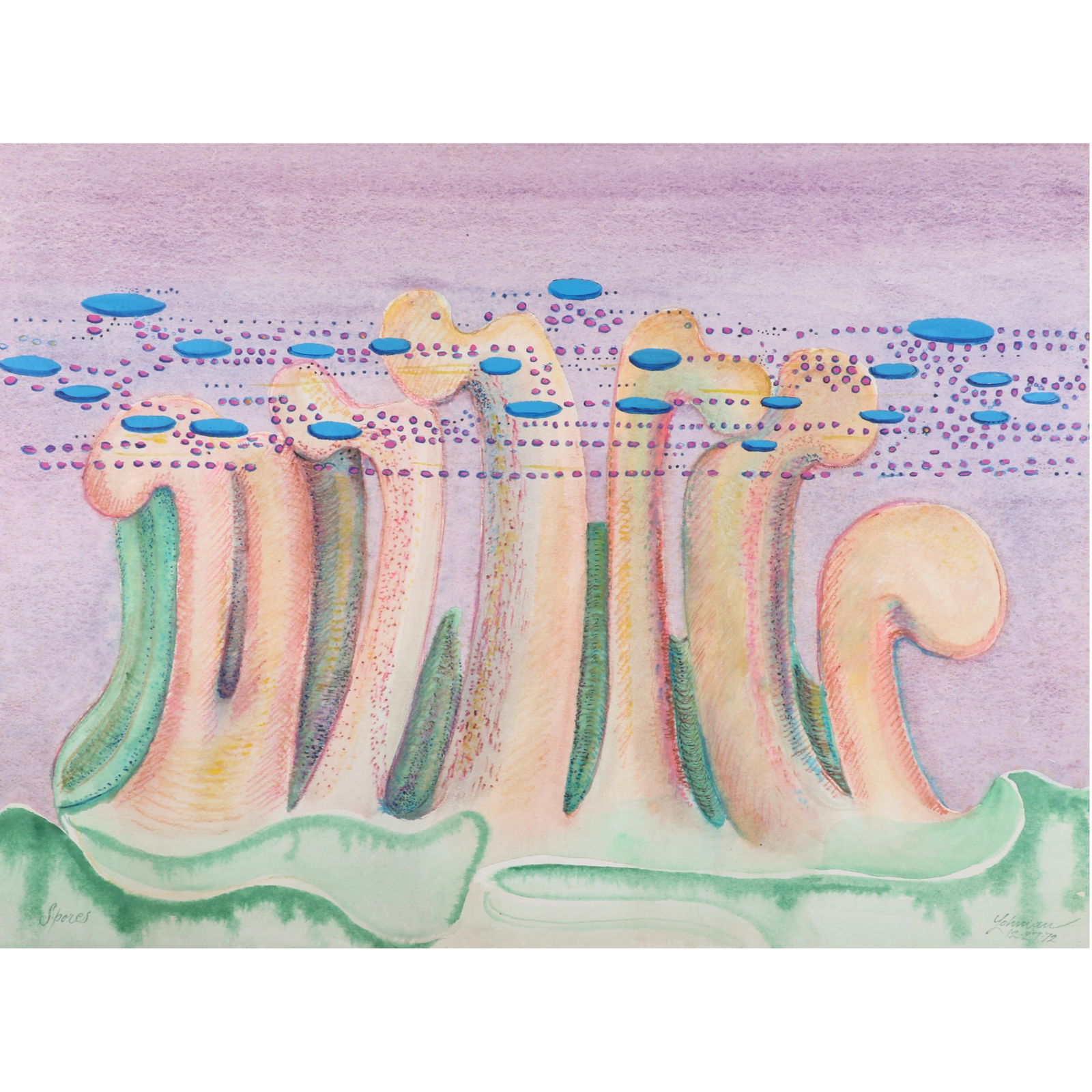 Robert Lohman, Indiana (1919-2001), Spores, abstract, 1972, watercolor on paper, 22 1/4? H X 30 1/4?: Robert Lohman Indiana (1919-2001) Spores, abstract, 1972 watercolor on paper Signed and dated lower right. Loose and unframed. Lohman studied at John Herron Art Institute, and Cranbrook and Yale for g