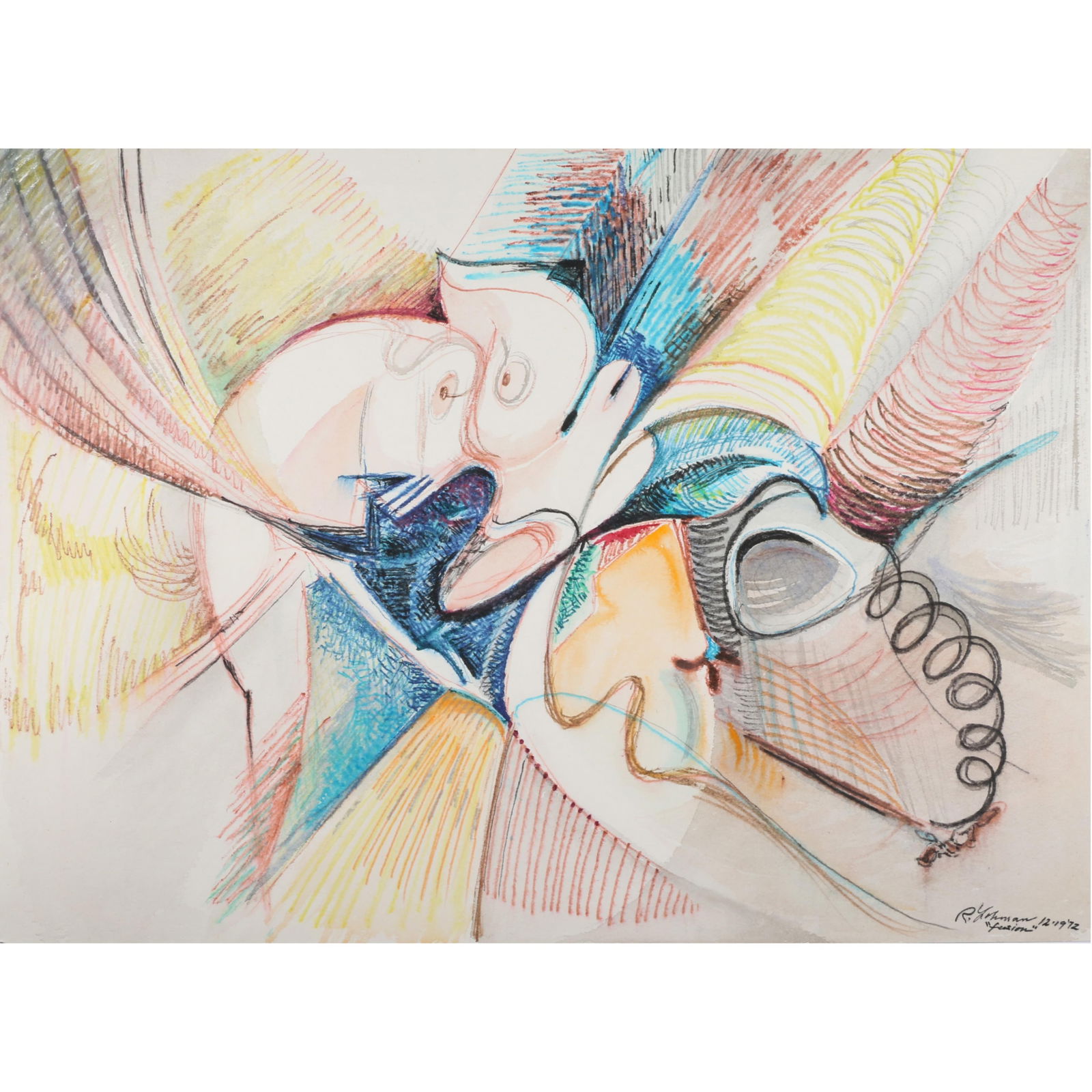 Robert Lohman, Indiana (1919-2001), Fusion, abstract, 1972, mixed media watercolor on paper, 22 1/4?: Robert Lohman Indiana (1919-2001) Fusion, abstract, 1972 mixed media watercolor on paper Signed and dated lower right. Loose and unframed. Lohman studied at John Herron Art Institute, and Cranbrook an