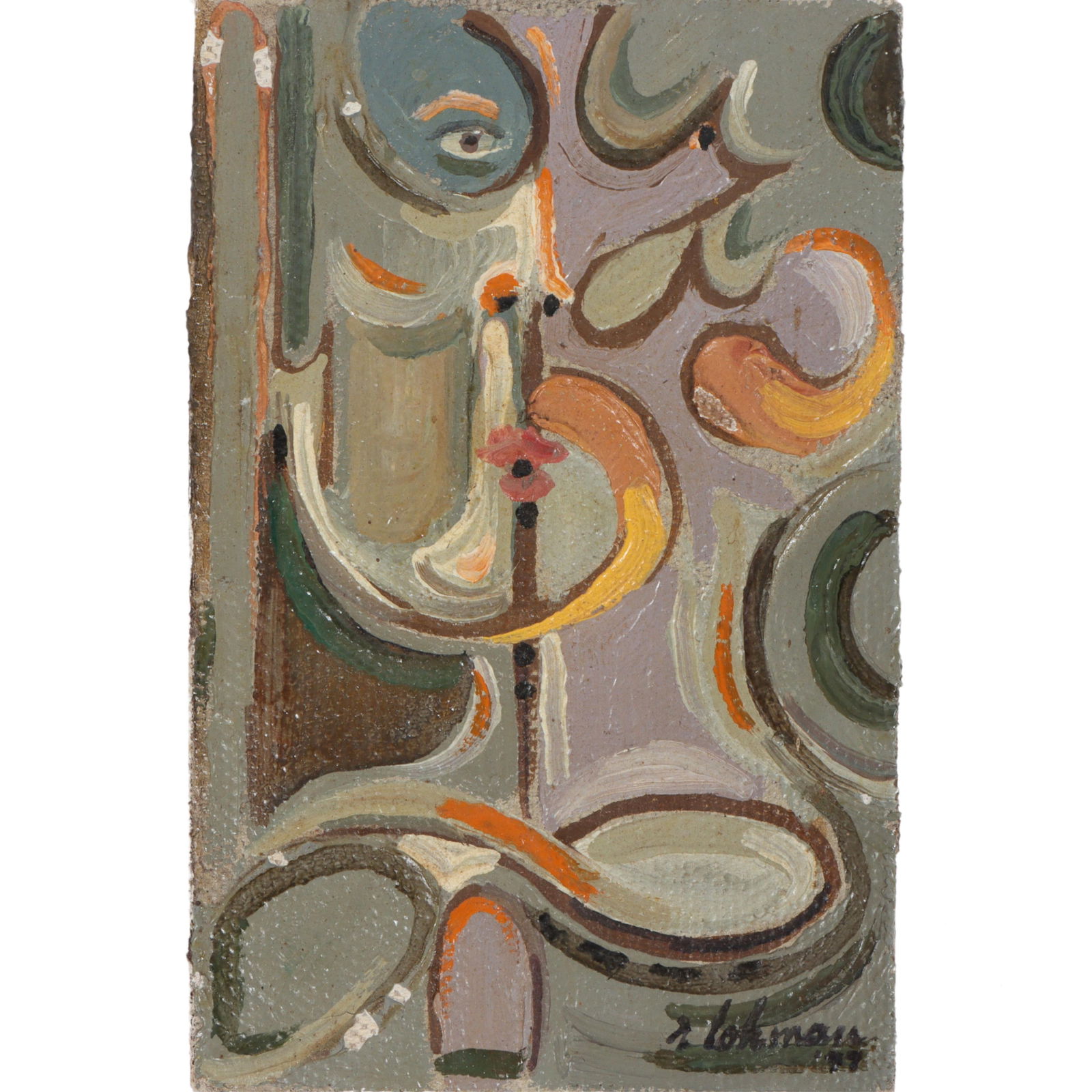 Robert Lohman, Indiana (1919-2001), figural abstract, oil on board, 9?H x 6?W: Robert Lohman Indiana (1919-2001) figural abstract oil on board Signed and dated lower right. Lohman studied at John Herron Art Institute, and Cranbrook and Yale for graduate work. Assisted Carl Mille