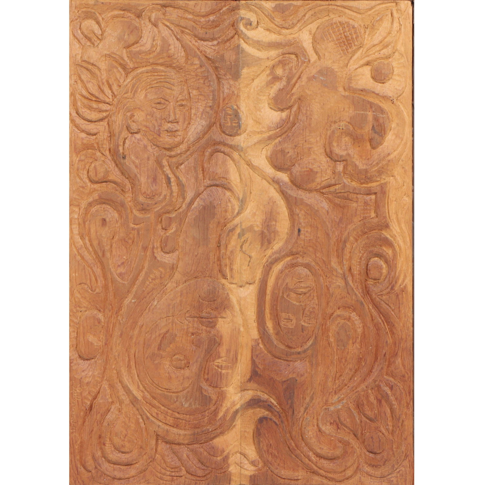Robert Lohman, Indiana (1919-2001), figural abstract, carved wood plaque, 19 1/4? H X 15 3/4? W X: Robert Lohman Indiana (1919-2001) figural abstract carved wood plaque Signed lower left. Lohman studied at John Herron Art Institute, and Cranbrook and Yale for graduate work. Assisted Carl Milles at