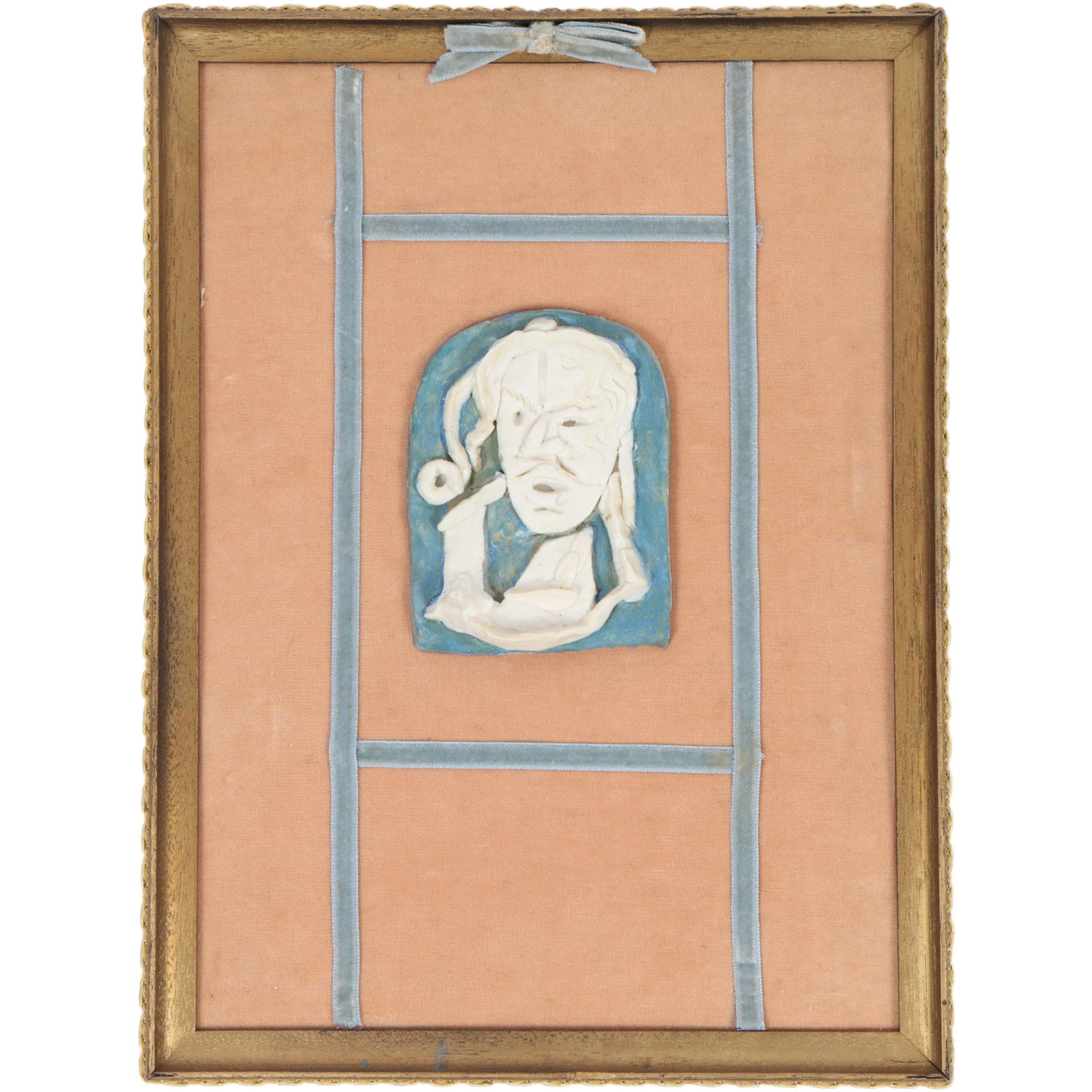 Robert Lohman, Indiana (1919-2001), figural abstract portrait, painted polymer clay mounted on: Robert Lohman Indiana (1919-2001) figural abstract portrait painted polymer clay mounted on velvet Unsigned. Lohman studied at John Herron Art Institute, and Cranbrook and Yale for graduate work. Assi