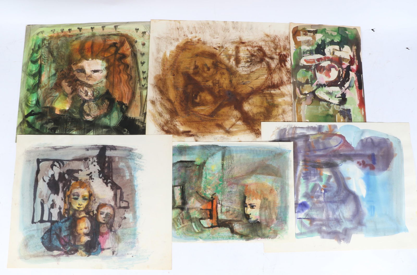 Barbara Rogers Houseworth, Indiana (1925-2015), 6 figural abstract compositions, mixed media: Barbara Rogers Houseworth Indiana (1925-2015) 6 figural abstract compositions mixed media watercolor on paper Two signed with initials lower right. Barbara Rogers? talent as an artist was noted early;