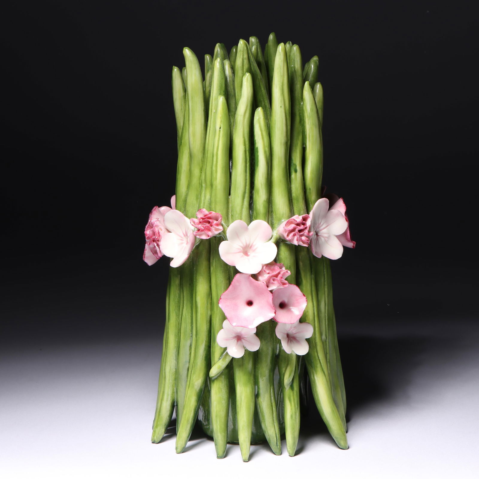 Katherine Houston porcelain model of a green bean garden bunch tied with flowers, 1998 ceramic (1 of 11)