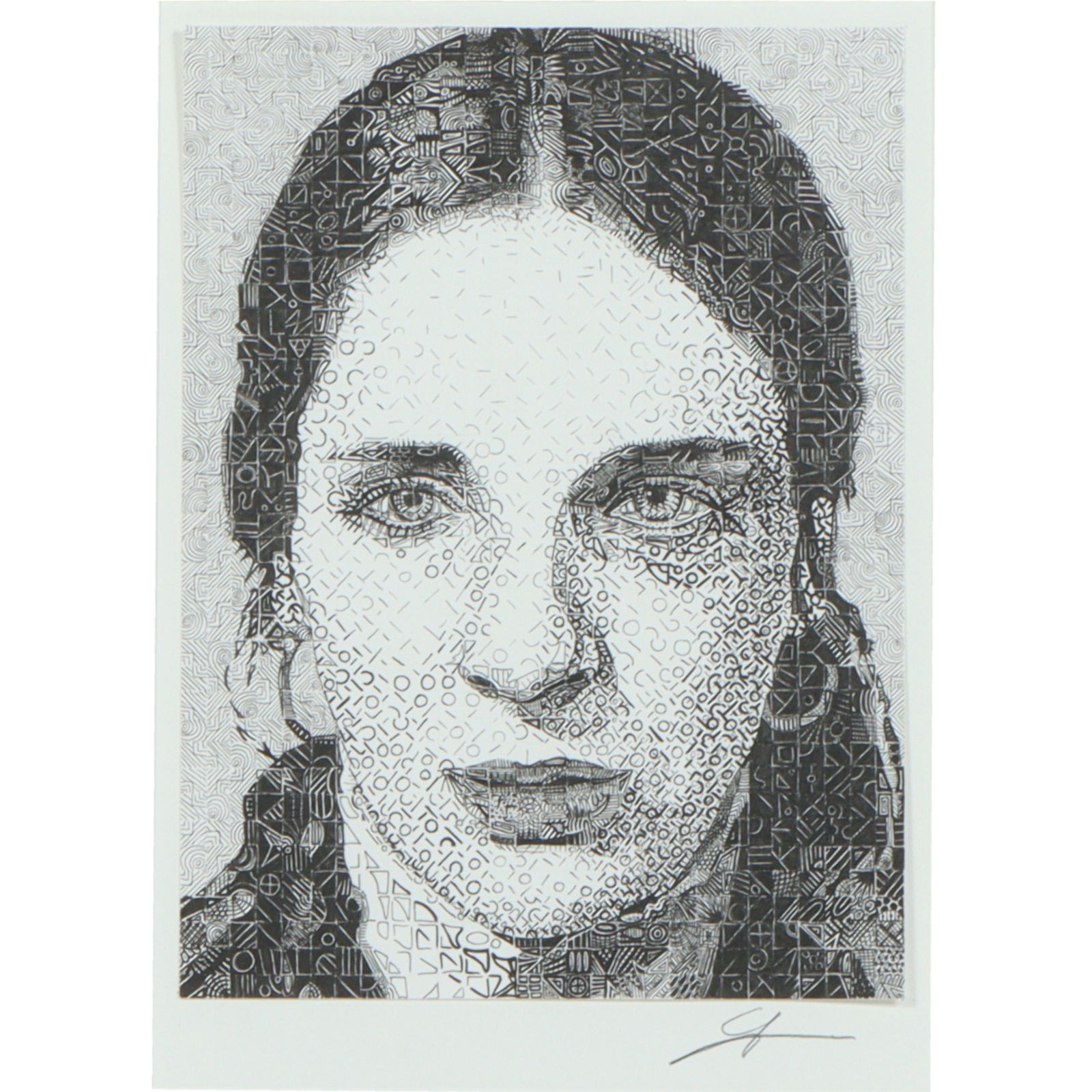 Matthew LaFary, Indiana (21st Century), "Ode to Chuck (Close)", 2001 portrait of a woman, pen and: Matthew LaFary Indiana (21st Century) "Ode to Chuck (Close)", 2001 portrait of a woman pen and ink on bristol signed lower right with artist label verso. 9 1/4"H x 7"W (paper), 23 1/4"H x 18 1/4"W (fr