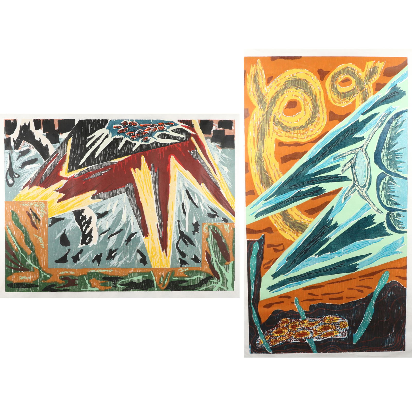 Gregory Amenoff, American (b.1948), Two works: large scale Woodcut prints in colors, 64"H x 38"W: Gregory Amenoff American (b.1948) Two works: large scale Woodcut prints in colors, (both unframed); Both signed, titled, dated and numbered 64"H x 38"W (vertical print)