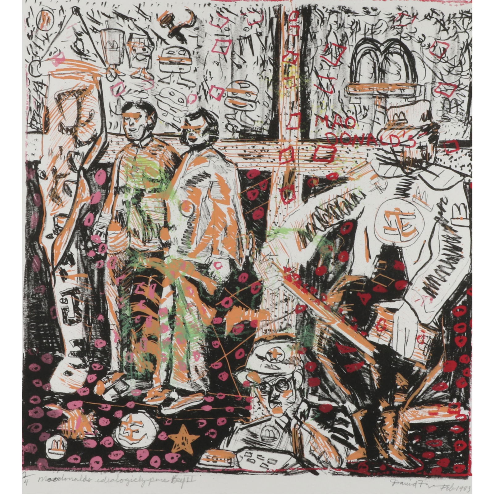 David B. Frye, Indiana (20th/21st century), MacDonalds Idealologicaly Pure Self II, 1983,: David B. Frye Indiana (20th/21st century) MacDonalds Idealologicaly Pure Self II, 1983 screenprint Pencil signed and dated lower right. When I discovered Art, I was drawn into the hell fire and brimst