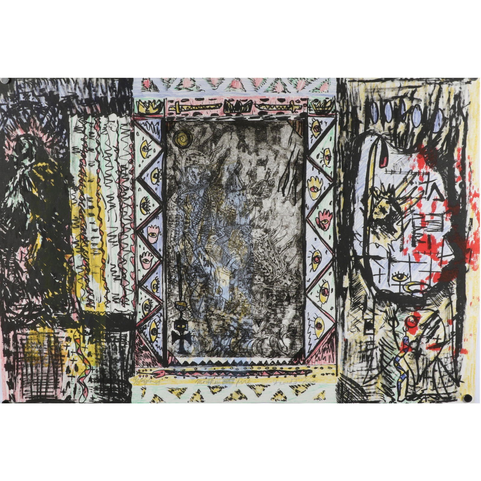 David B. Frye, Indiana (20th/21st century), Monks on Fire, hand-colored lithograph, 15 1/4"H x 22: David B. Frye Indiana (20th/21st century) Monks on Fire hand-colored lithograph Pencil signed lower right. Edition 4/6. When I discovered Art, I was drawn into the hell fire and brimstone of a Bosch p