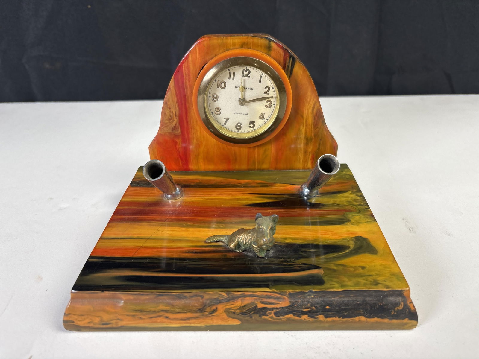 Vintage marbled Bakelite desk set, clock, pen holders, Scottish terrier figurine (1 of 6)