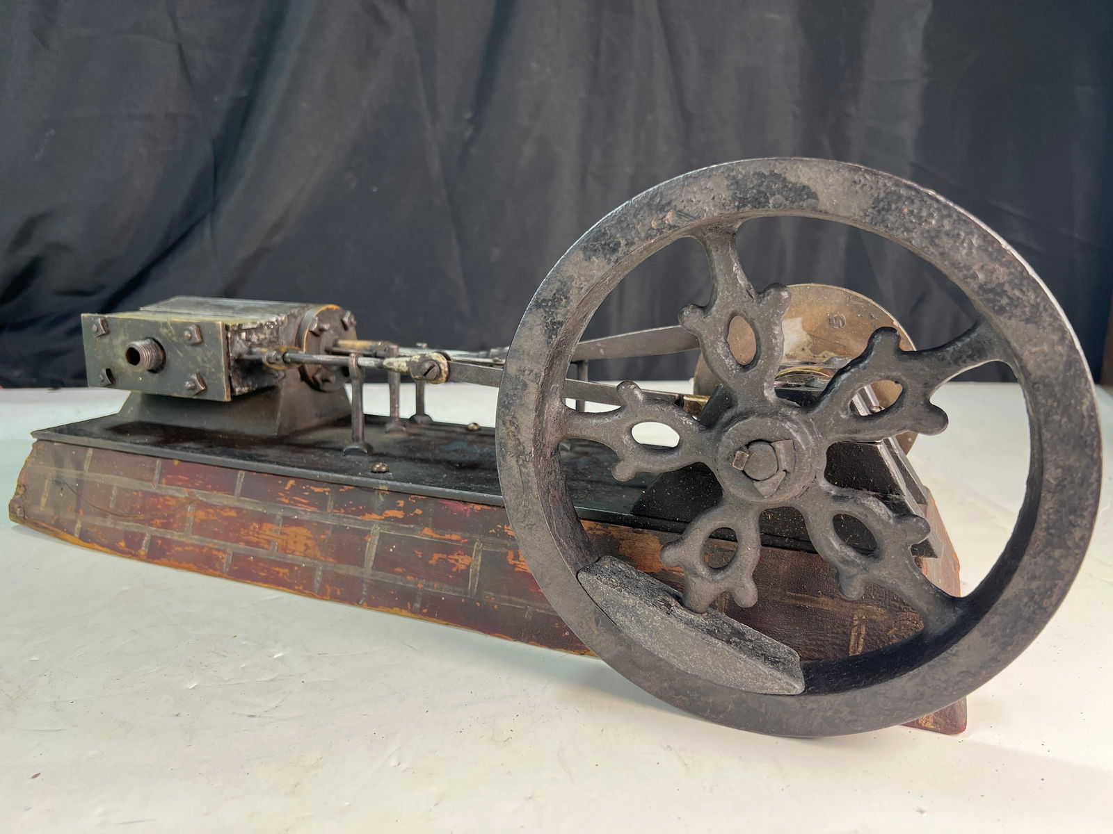 Antique model steam powered engine with faux brick base, ornate flywheel, unit moves freely, (1 of 9)