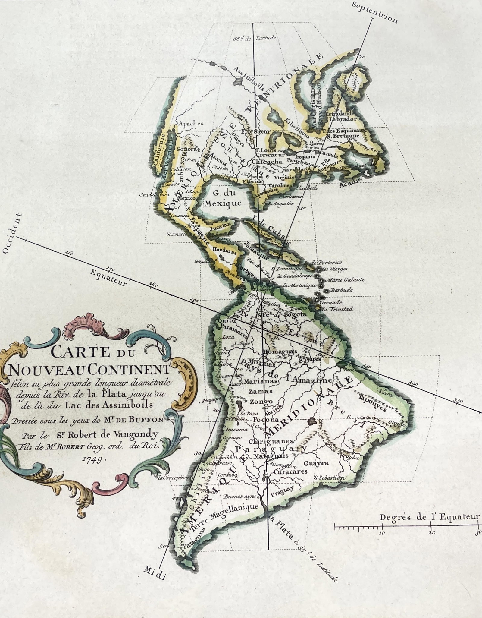 Robert de Vaugondy, "Carte du Nouveau Continent": Robert de Vaugondy, "Carte du Nouveau Continent" A framed antique map titled 'Carte du Nouveau Continent' by Robert de Vaugondy, dated 1749. The map depicts the Americas with detailed geographic featu