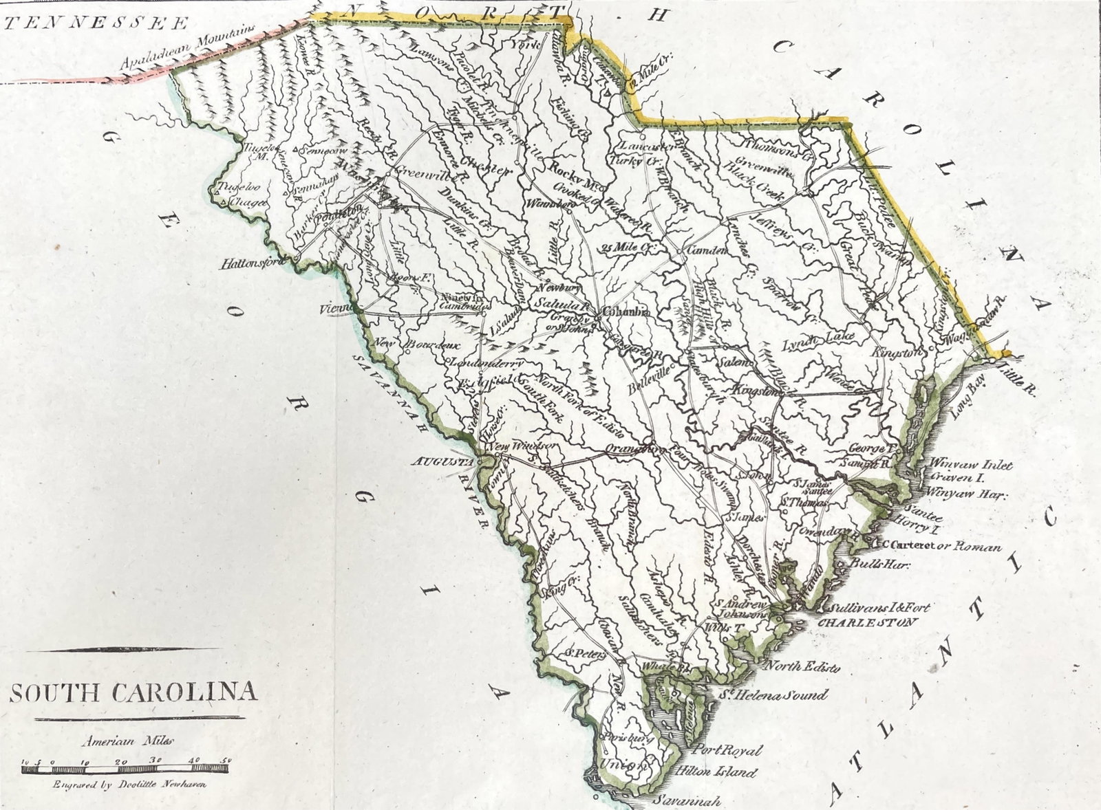 Doolittle Newhaven, "Map of South Carolina": Doolittle Newhaven, "Map of South Carolina" A framed antique map of South Carolina, featuring detailed geographical features. Engraved by Doolittle Newhaven in 1805. The map is set within a gold frame