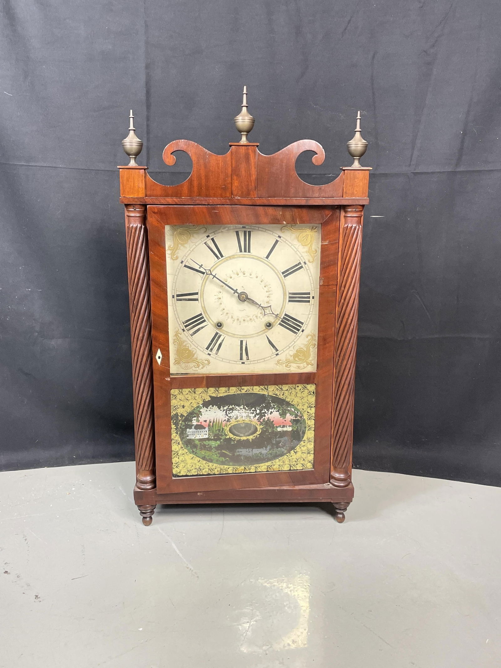 Eli Terry Style mahogany pillar and scroll shelf clock; 19th century? (1 of 8)