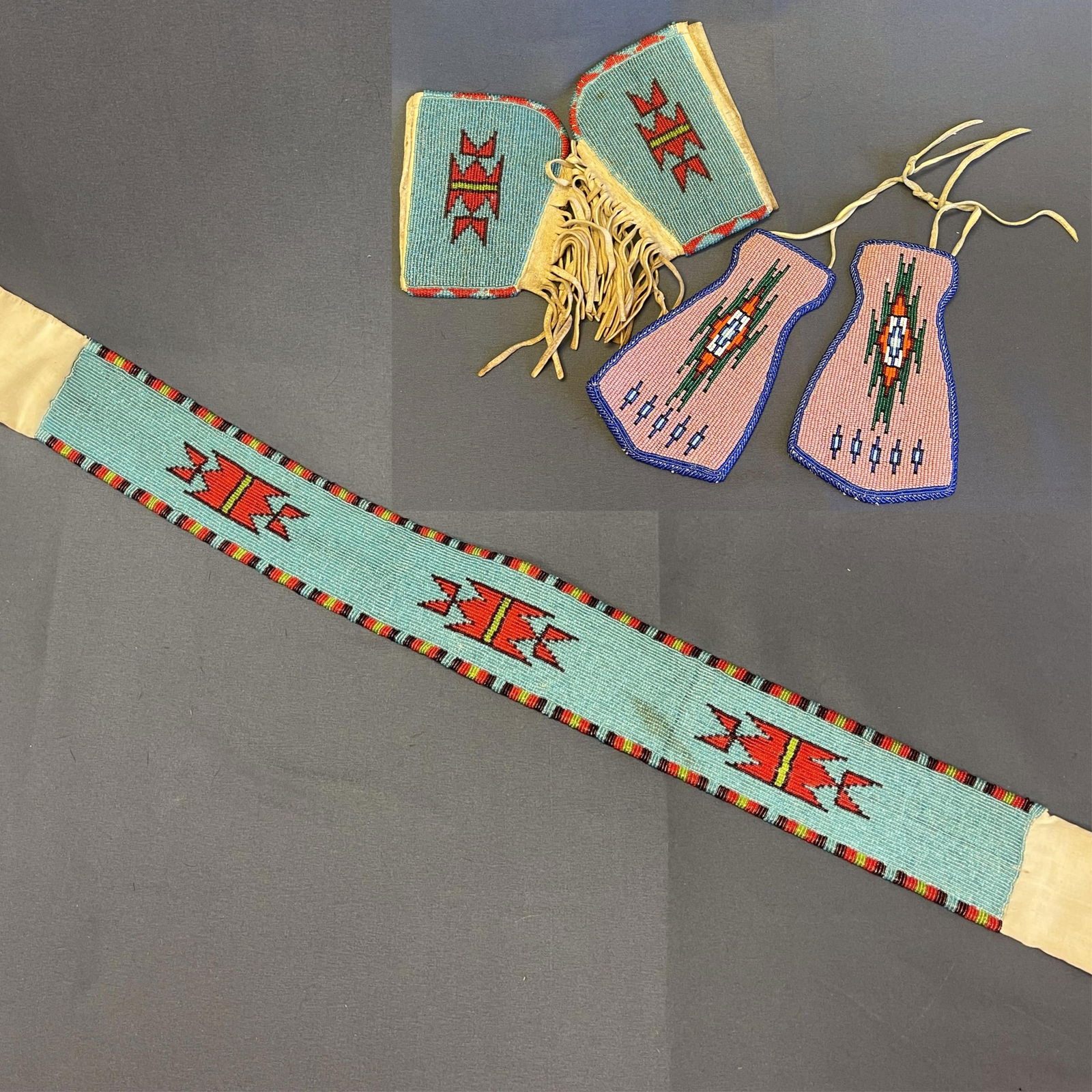 3 beaded items - cuffs, belt & hair ties for regalia - attributed to be Crow 1. 51/2" L x 41/2" W, (1 of 15)