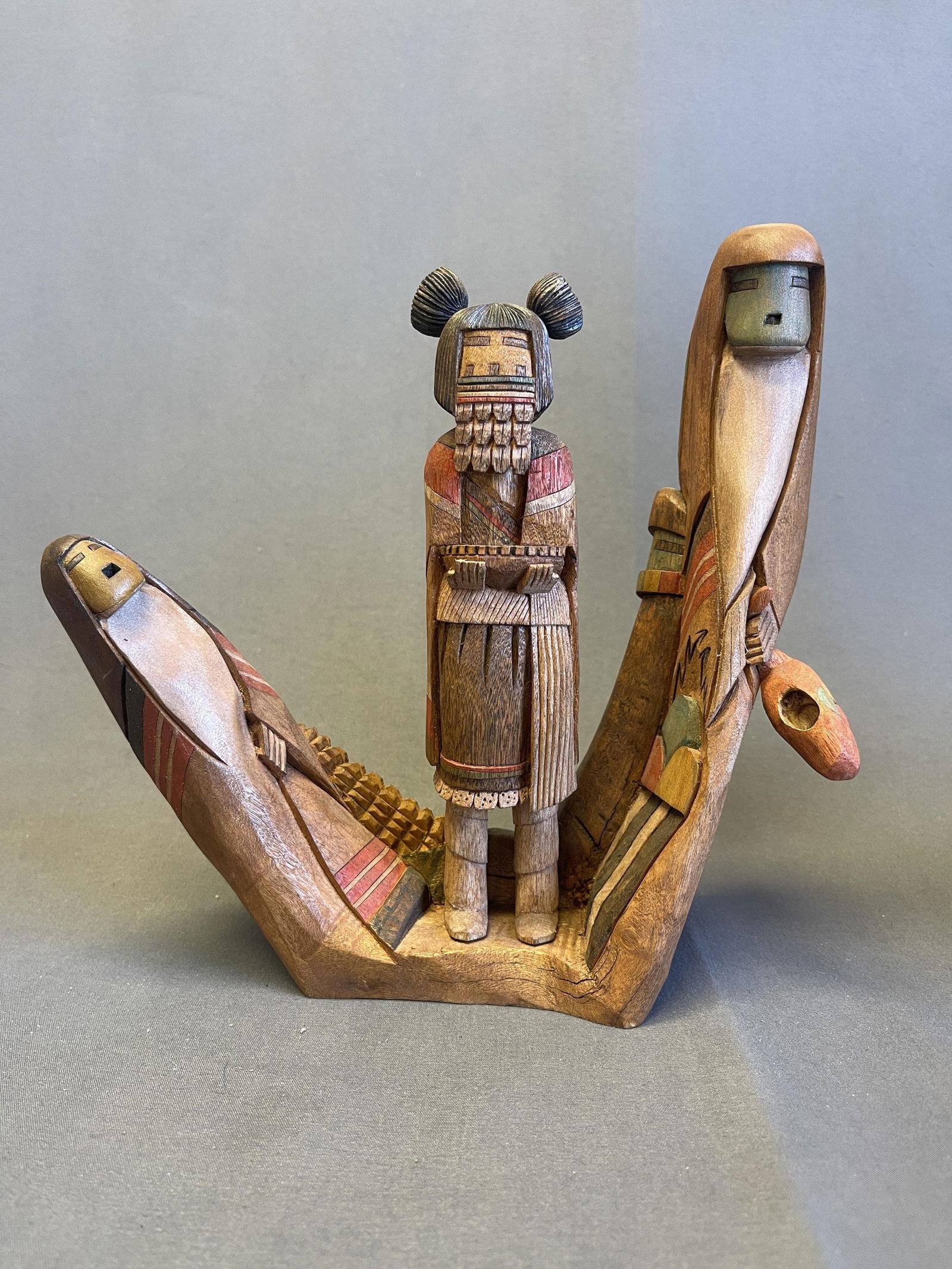 "Morning Prayer" Kachina carving of three Manas by Ted Francis, Hopi 8" tall at tallest x 9" wide (1 of 10)