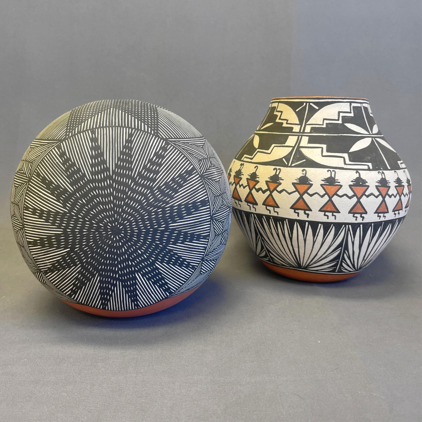 2 hand coiled Acoma pots - Edna Chino & Mildred Antonio 1.Size: 8" diameter x 7 1/2" high, 2. Size:: 2 hand coiled Acoma pots - Edna Chino & Mildred Antonio 1. Mildred Aragon, Acoma - Fabulous design including a friendship design, yucca plant and mountains. Mildred was born in 1937 and is known for h