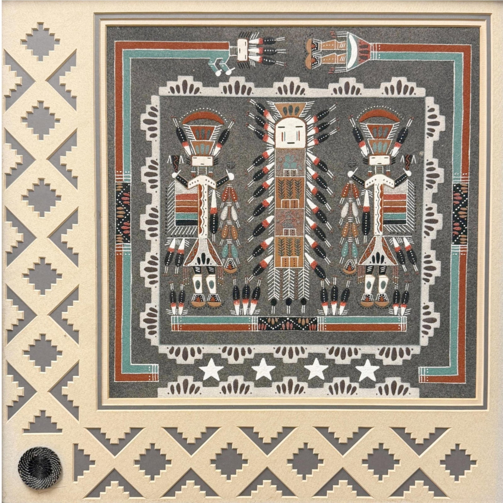 "Sun God Dancer" Framed Sand Painting signed by D. Ben 12"H x 12"W: "Sun God Dancer" Framed Sand Painting signed by D. Ben This 12" x 12" full story sandpainting is framed in a gorgeous handmade southwestern design frame and highlighted with fancy cut mats and showcas