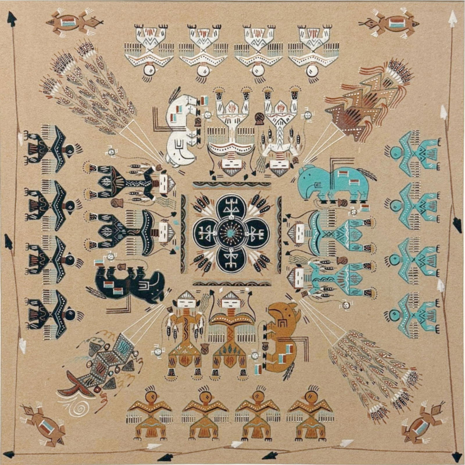 Alberta Tsosie Chester Begay, Arizona , Water People, sand painting, 17 1/2"H x 17 1/2"W(sight), (1 of 7)